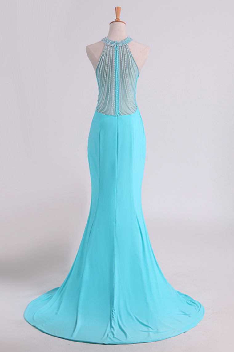 2024 Prom Dresses Scoop Mermaid Spandex With Beading Sweep Train