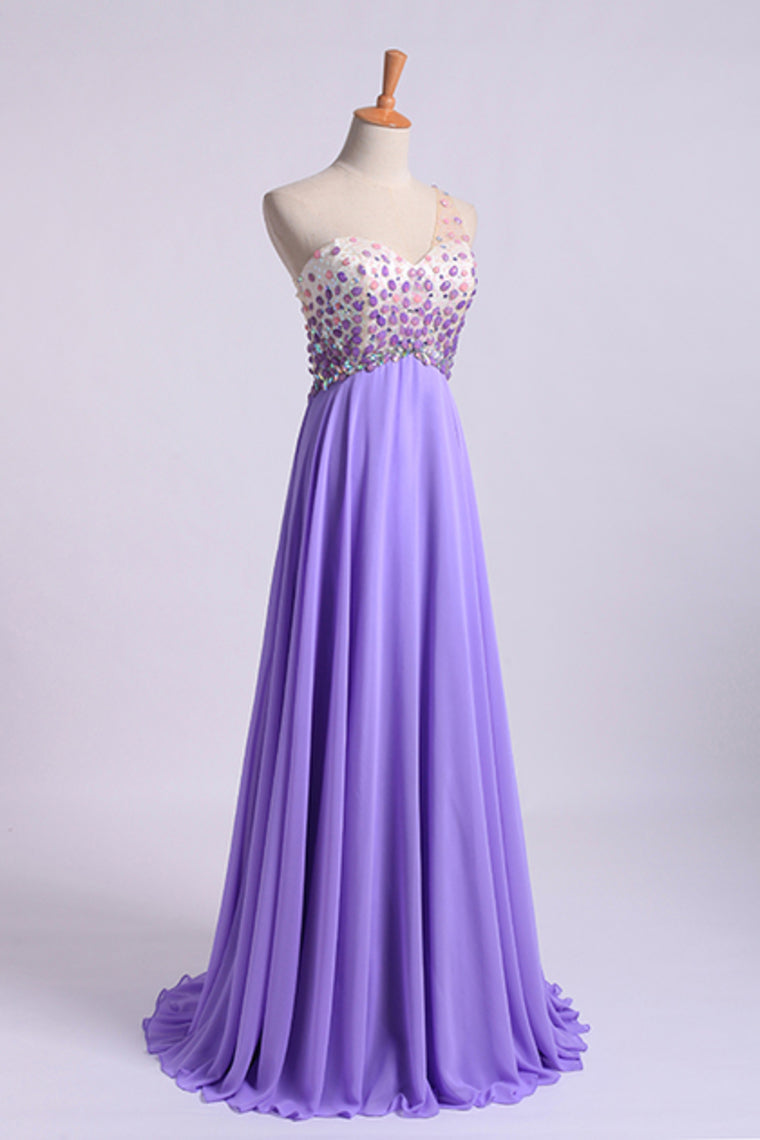 2024 Romantic Prom Dresses A Line One Shoulder With Beadings Tulle And Chiffon Sweep Train