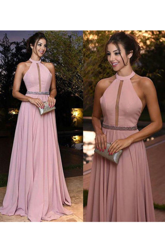 2024 Halter A Line Prom Dresses Beaded Waistline Sweep Train Chiffon