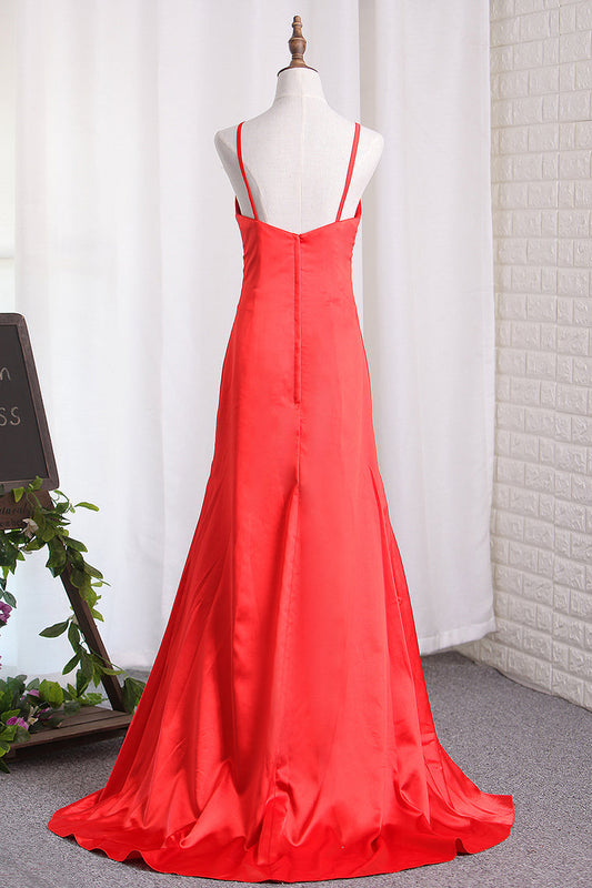 2024 Sexy Slit Red Evening Dresses Sheath/Column Elastic Satin