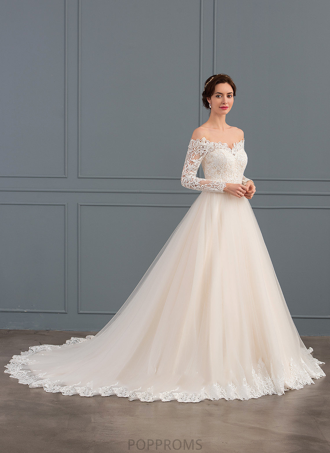 Tulle Dress Caitlin Lace Wedding Dresses Chapel Ball-Gown/Princess Train Off-the-Shoulder Wedding