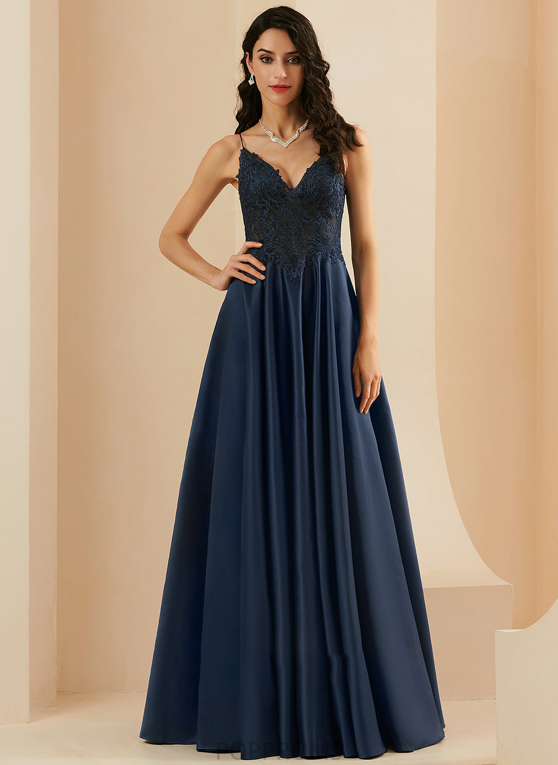 Prom Dresses Lace Libby V-neck Satin A-Line Floor-Length With