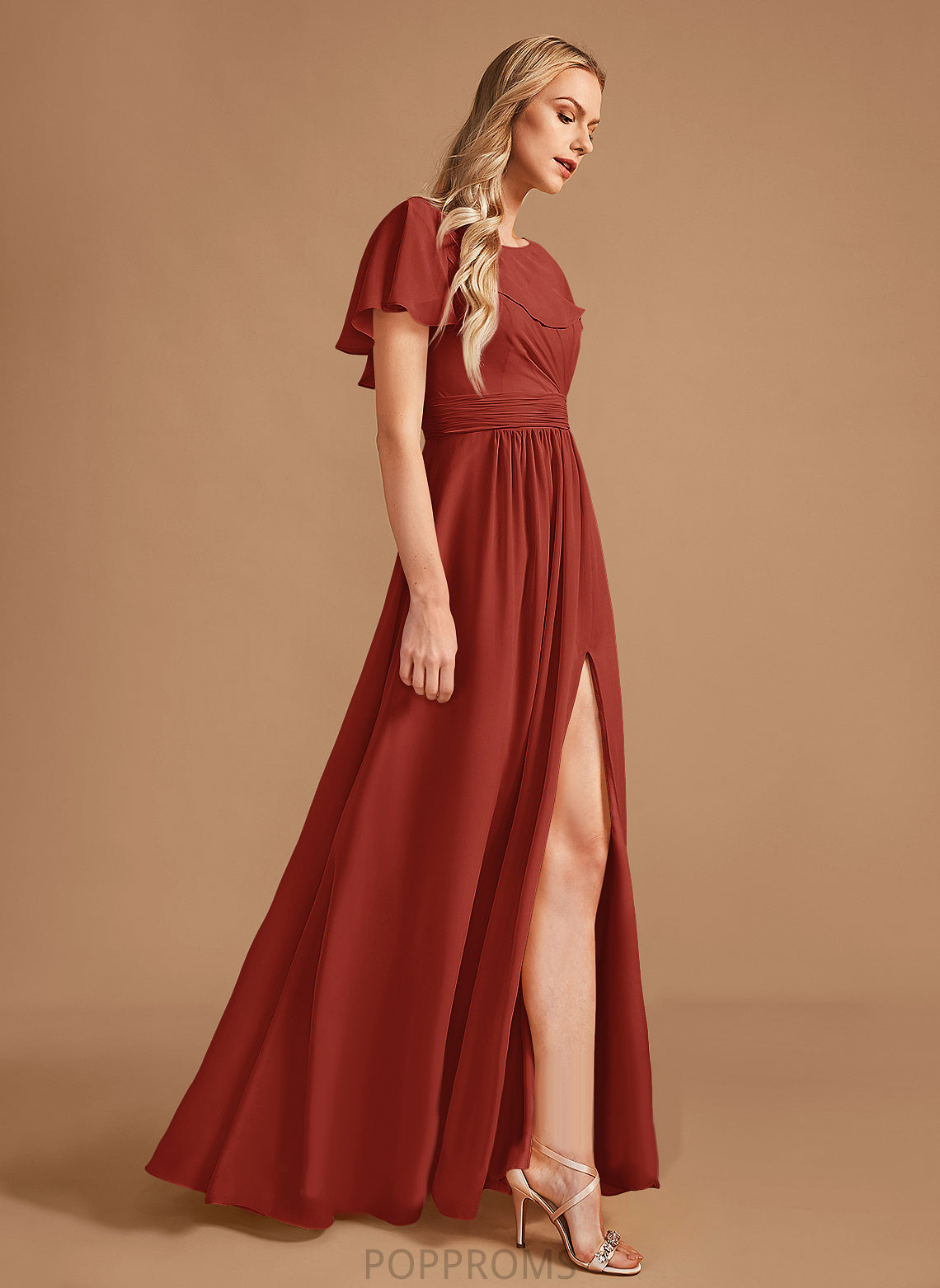 A-Line HighNeck Silhouette Neckline SplitFront Floor-Length Ruffle Fabric Embellishment Length Sherry Floor Length Bridesmaid Dresses