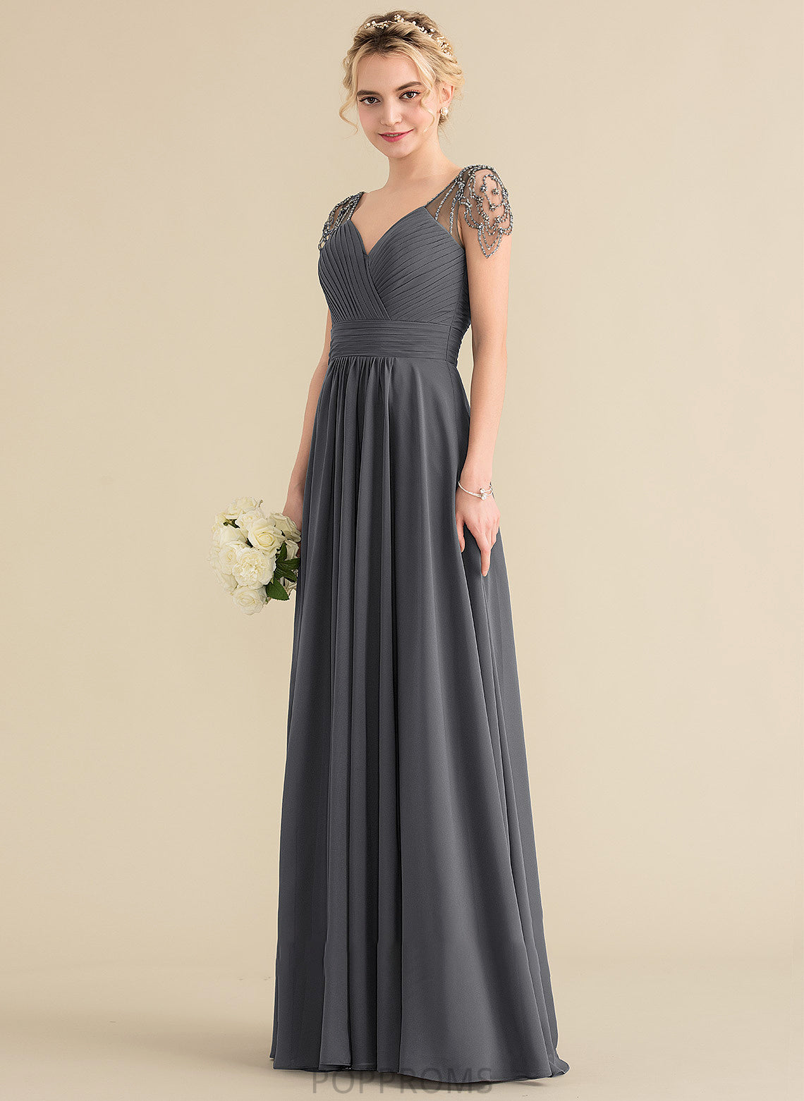 Ruffle Neckline Beading Floor-Length Sequins Length Embellishment Silhouette A-Line Fabric V-neck Elena Bridesmaid Dresses