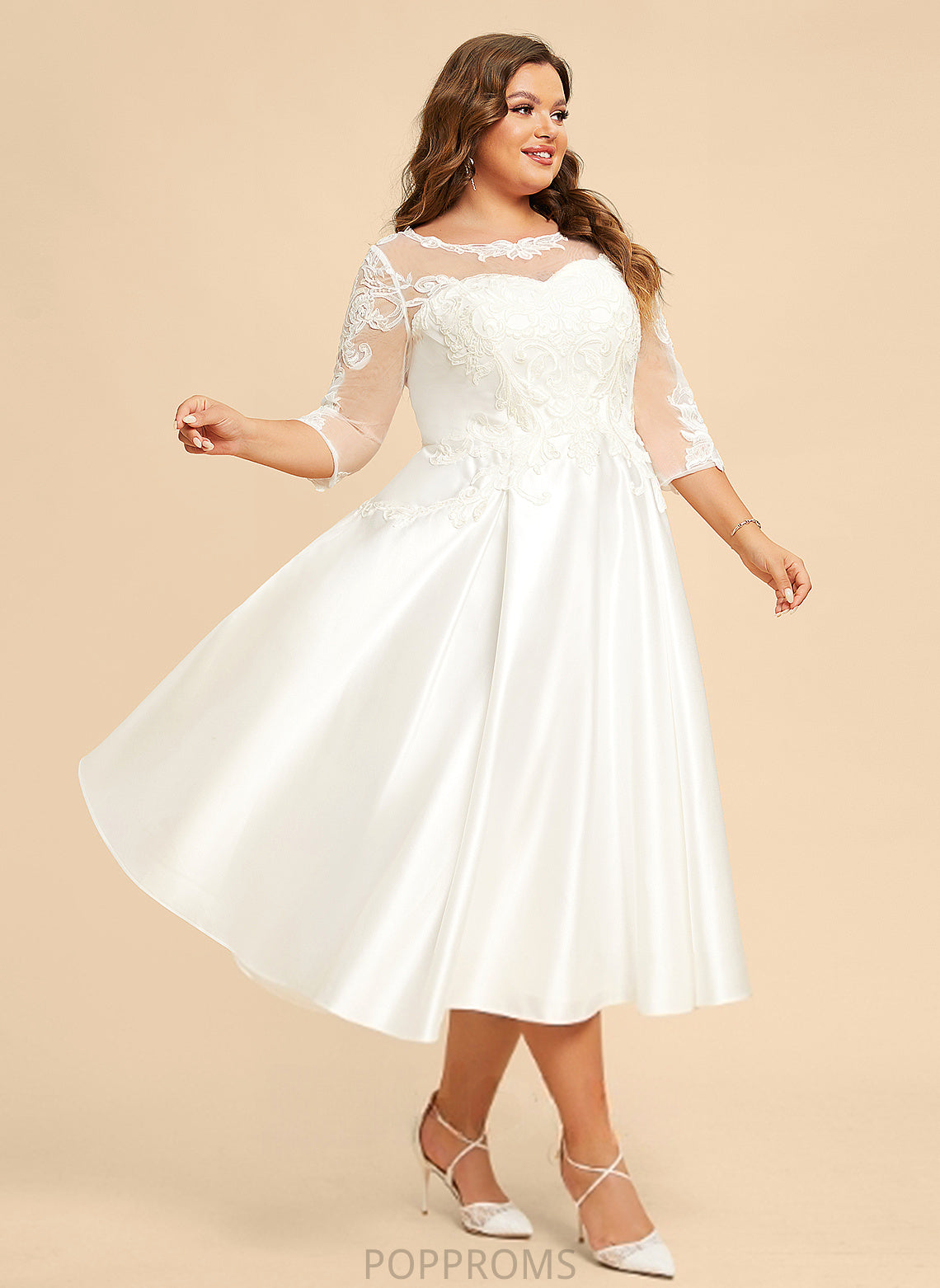 A-Line Wedding Maud Lace Wedding Dresses Tea-Length Illusion Satin Dress