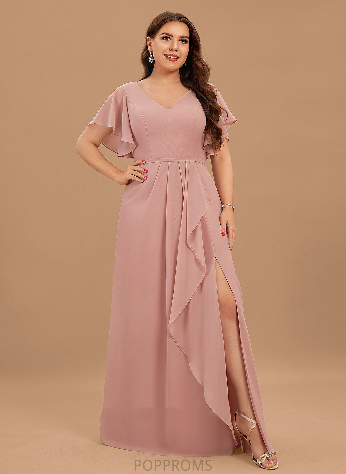 Silhouette Length Ruffle Embellishment V-neck A-Line SplitFront Floor-Length Neckline Fabric Deborah Scoop Bridesmaid Dresses