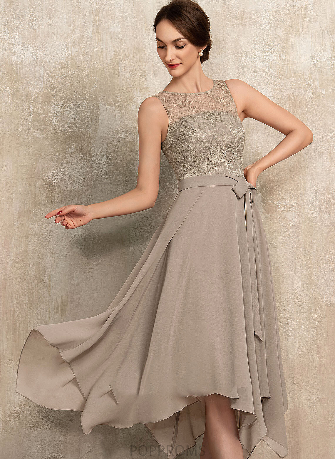 of With Mother A-Line Dress Chiffon Bride Mother of the Bride Dresses Tea-Length Sarai Bow(s) the Neck Scoop Lace