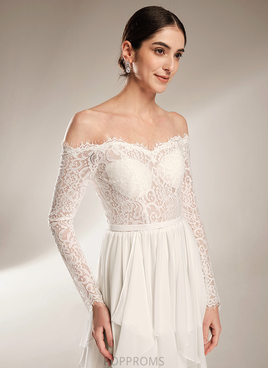 Yazmin Off-the-Shoulder Dress Lace A-Line With Wedding Ruffle Wedding Dresses Train Chiffon Court