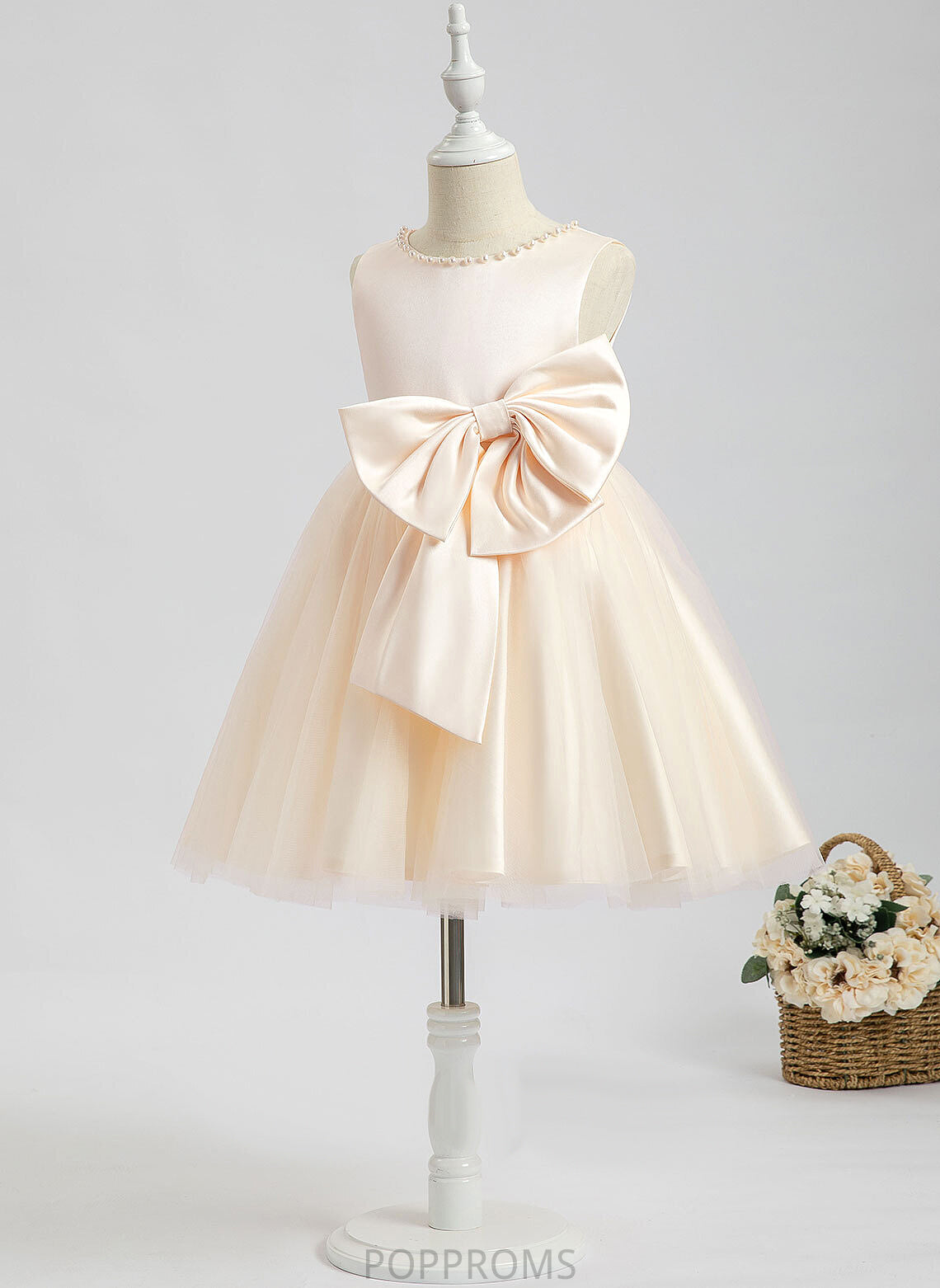 Scalloped With Sleeveless Flower Girl Dresses Satin Knee-length Lainey - Dress Neck Girl A-Line Beading/Bow(s) Flower