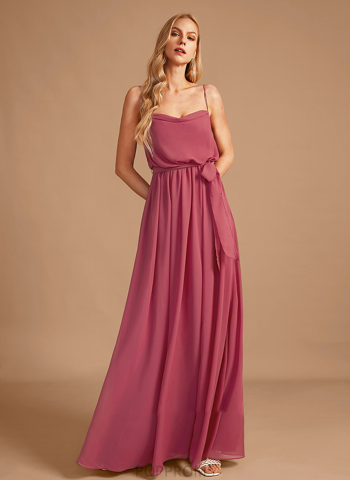 CowlNeck SplitFront Ruffle Neckline Fabric Floor-Length Silhouette A-Line Length Embellishment Giada Sleeveless Bridesmaid Dresses