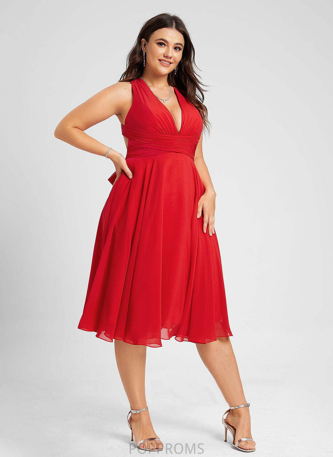 With Ruffle A-Line Cocktail Dress Bow(s) Kelsie Knee-Length Cocktail Dresses V-neck Chiffon