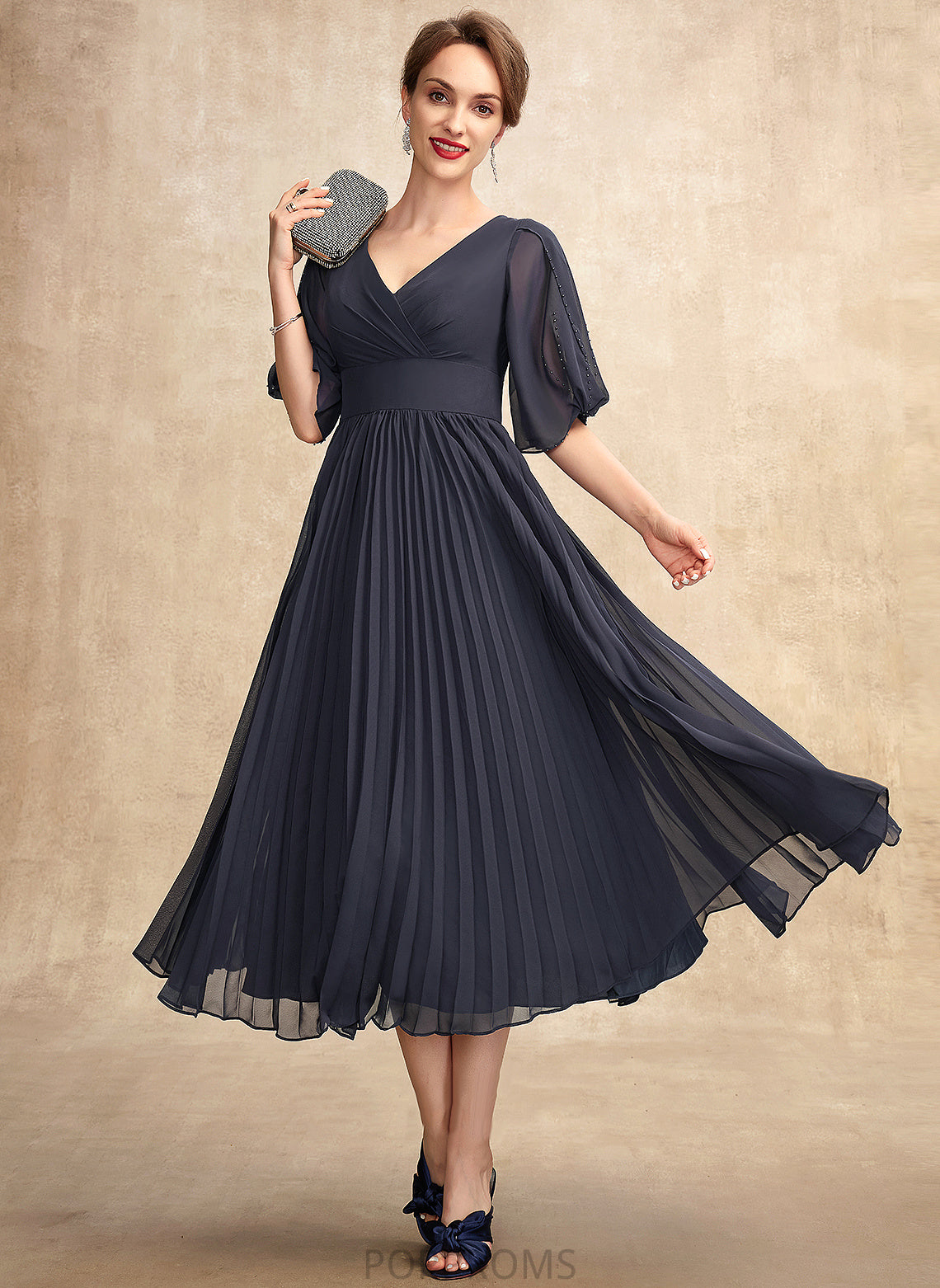 Dress Isis Bride V-neck With the A-Line Tea-Length Mother of the Bride Dresses Pleated Chiffon Mother of