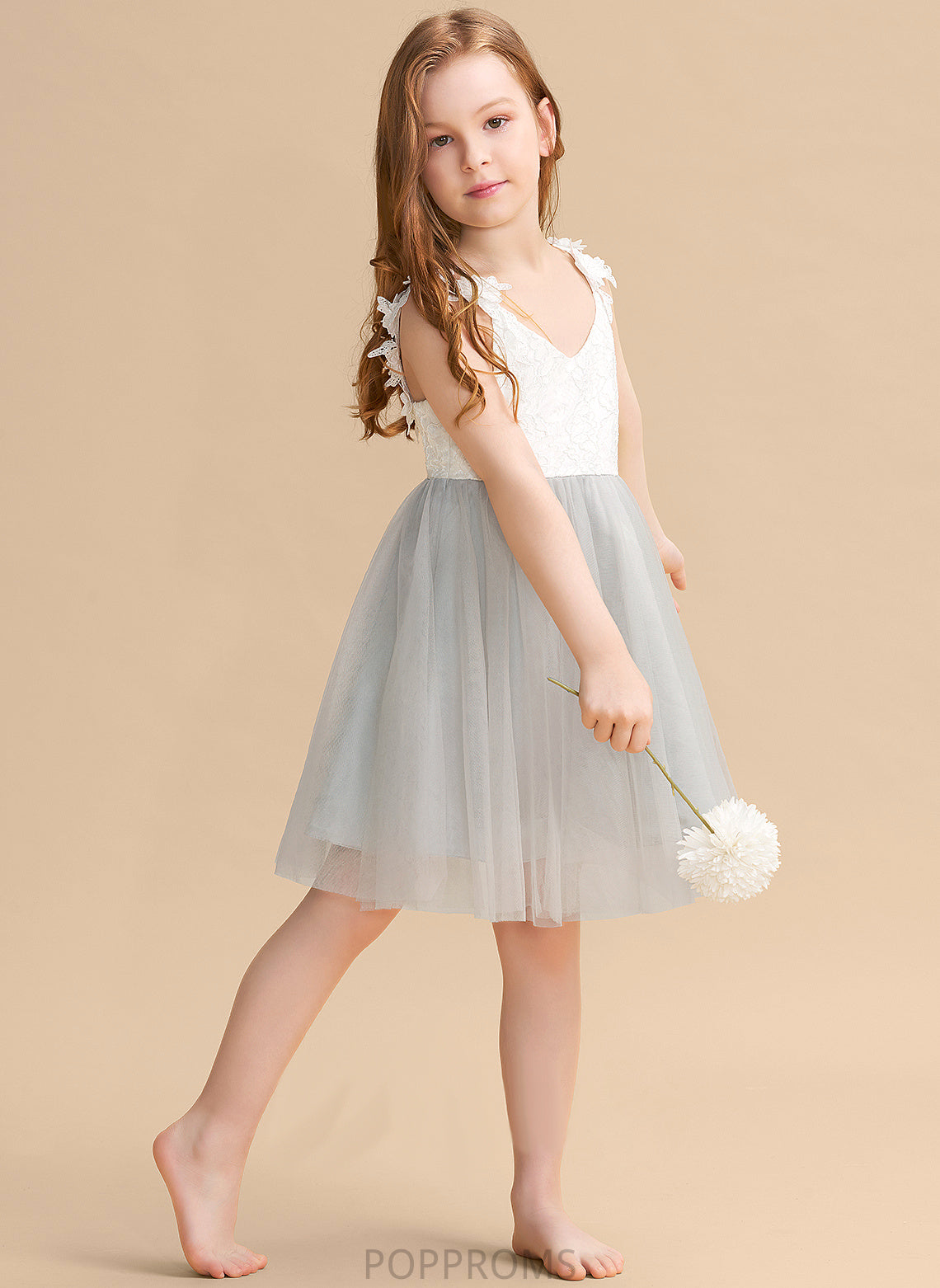 V-neck Dress Knee-length Flower Girl Dresses Kayden - Flower Sleeveless Tulle/Lace A-Line Girl