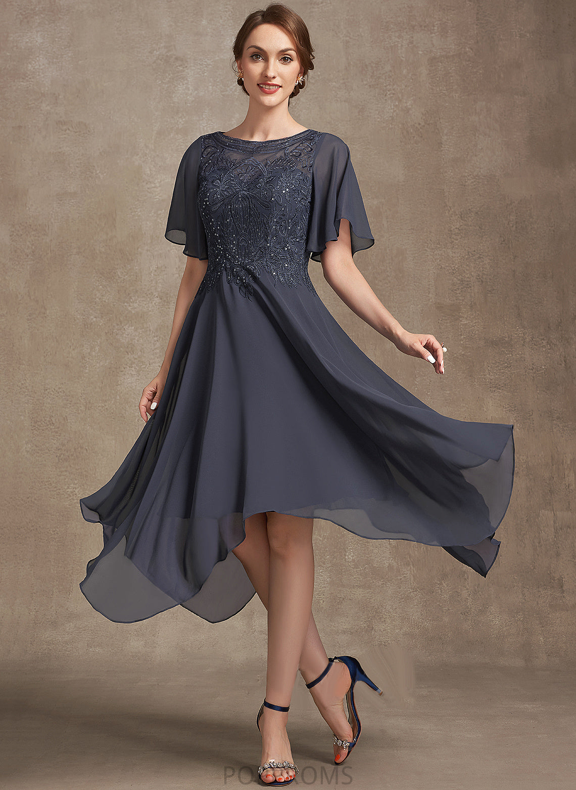 With the Mother Neck Lace Scoop Bride Hana Sequins Chiffon A-Line Dress Mother of the Bride Dresses of Tea-Length