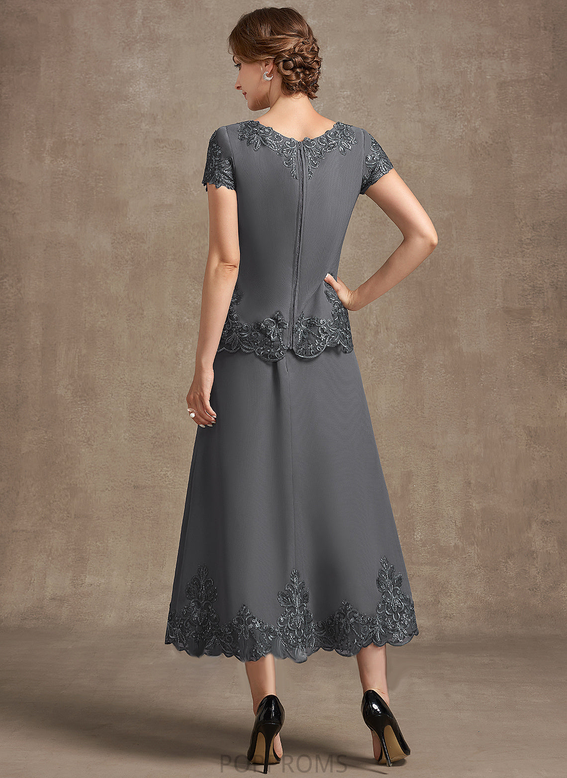 Mother of the Bride Dresses of Sequins Chiffon the A-Line Dress Lace With Scoop Tea-Length Helga Bride Neck Mother