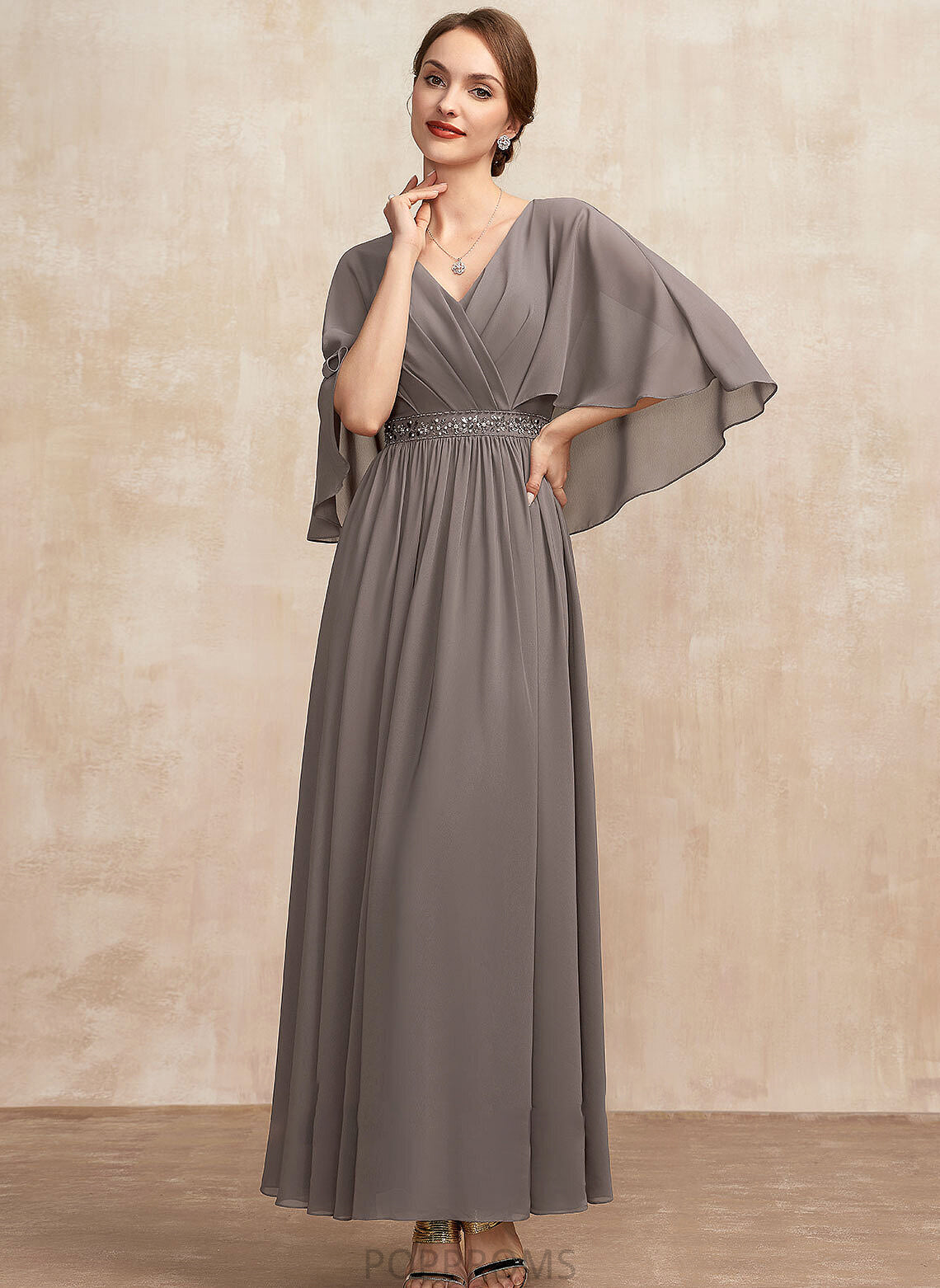 Dress A-Line the With of Bride Chiffon Mother of the Bride Dresses Ankle-Length V-neck Mother Linda Ruffle Beading