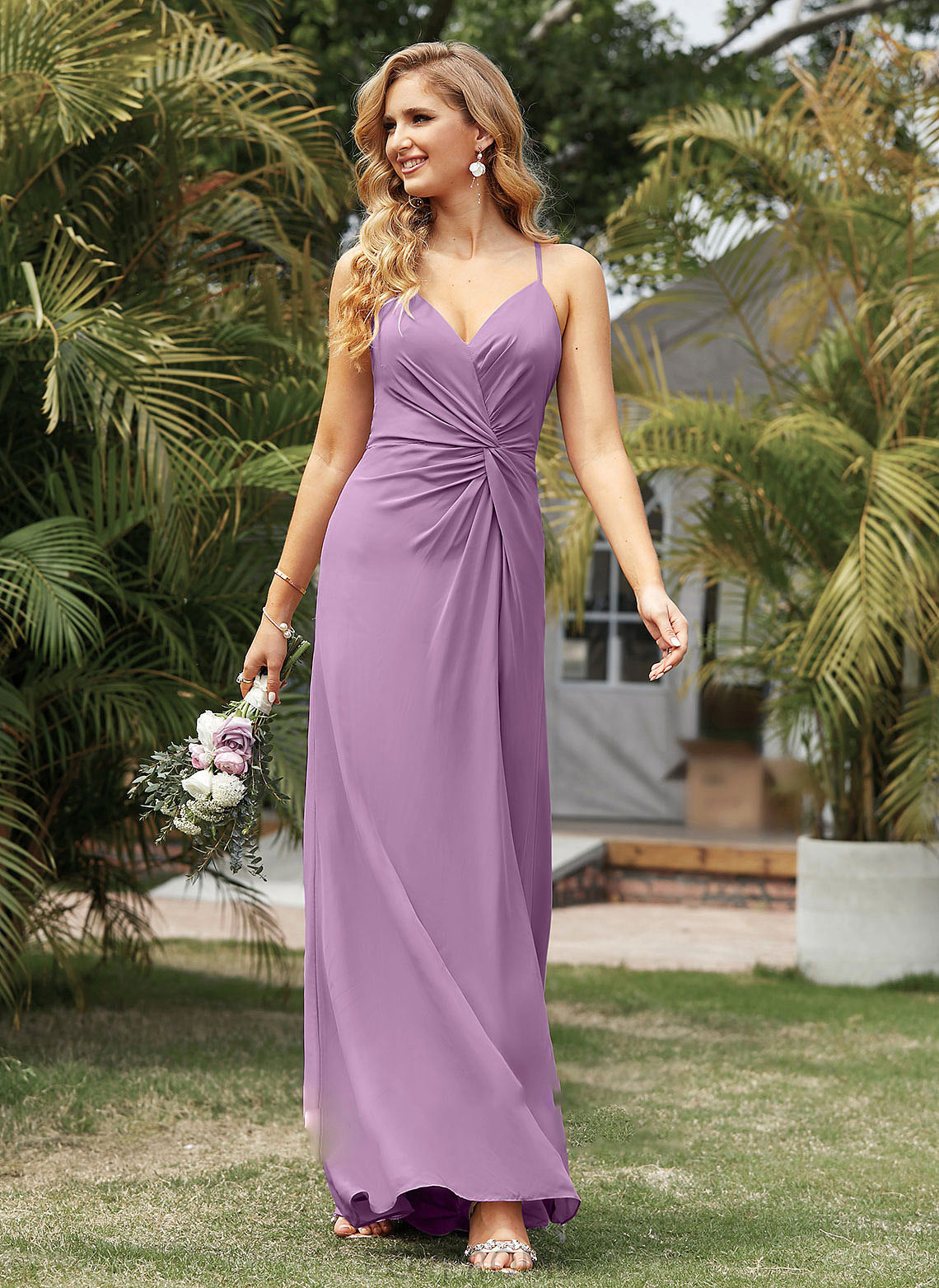 V-neck Silhouette Fabric Embellishment Floor-Length SplitFront Length Neckline A-Line Ruffle Hadassah A-Line/Princess Bridesmaid Dresses