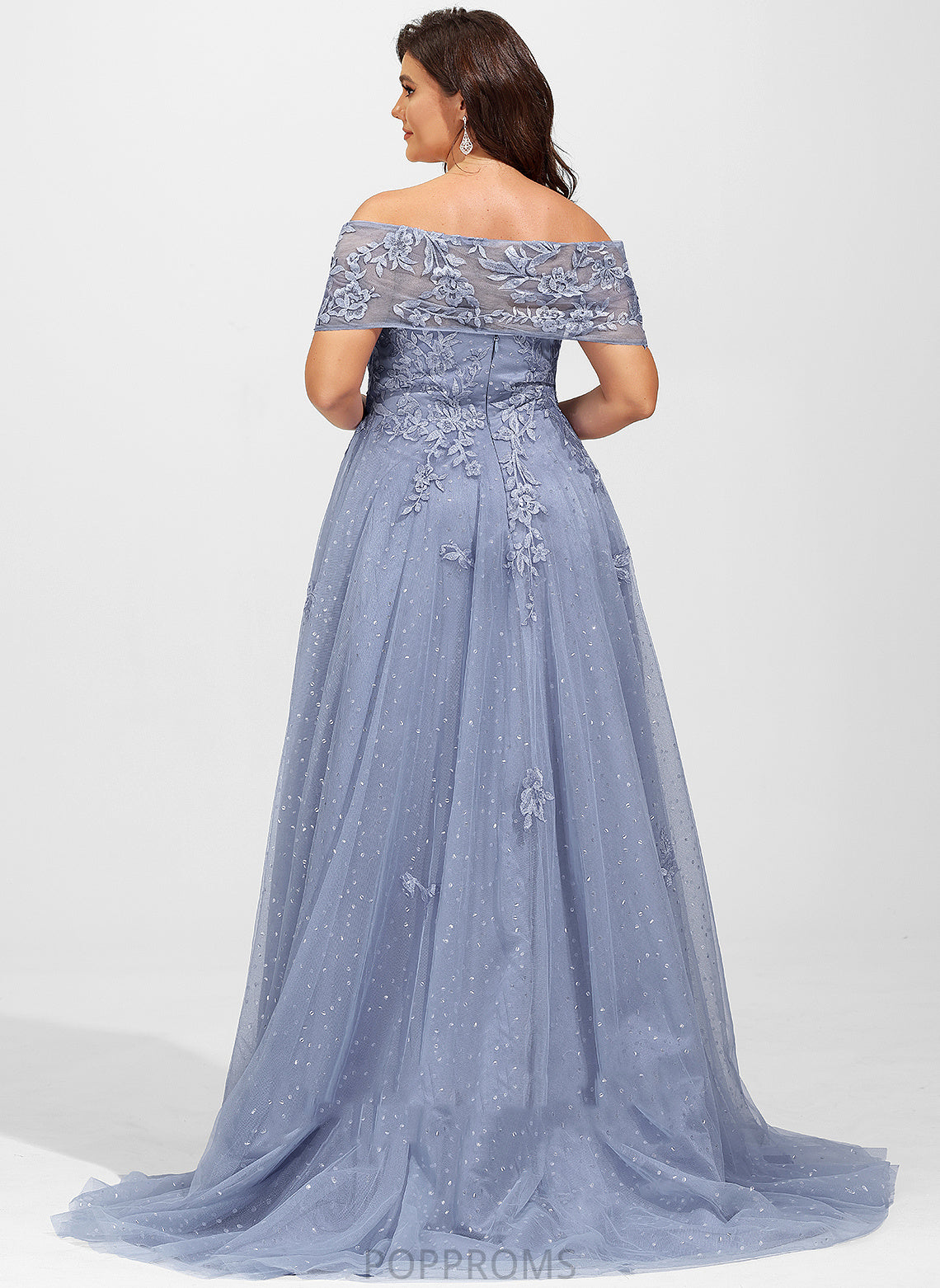 Sweep Sequins Train Adalyn Tulle Prom Dresses Off-the-Shoulder With Lace Ball-Gown/Princess