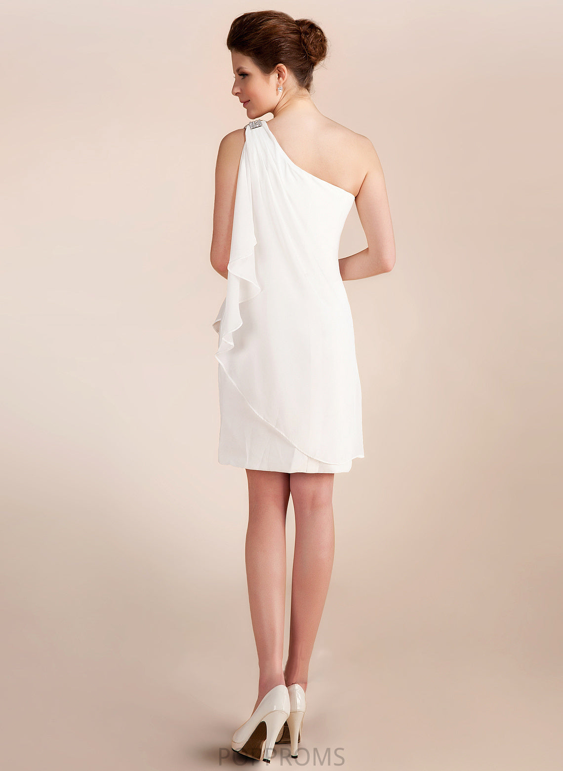 Wedding With Beading Wedding Dresses One-Shoulder Kianna Cascading Short/Mini Dress Chiffon Sheath/Column Ruffles