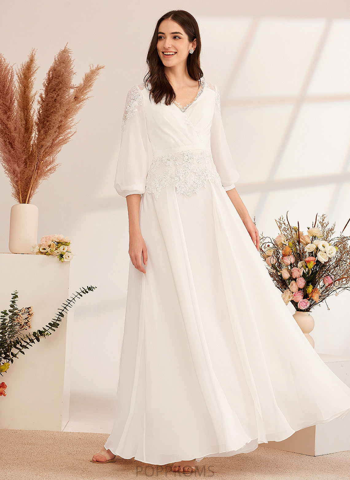 V-neck Josephine Floor-Length Dress With Lace Wedding A-Line Wedding Dresses