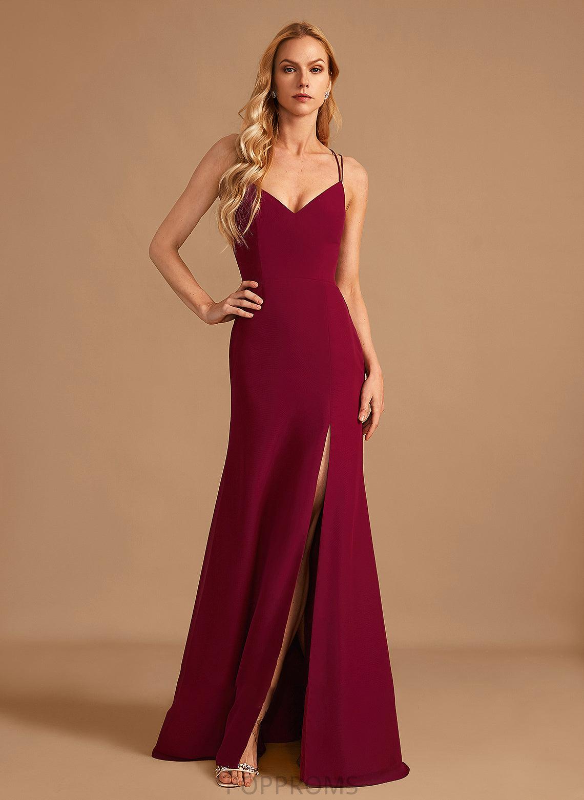 Silhouette V-neck Fabric SplitFront Floor-Length Neckline Trumpet/Mermaid Embellishment Length Kamryn Scoop Natural Waist Bridesmaid Dresses