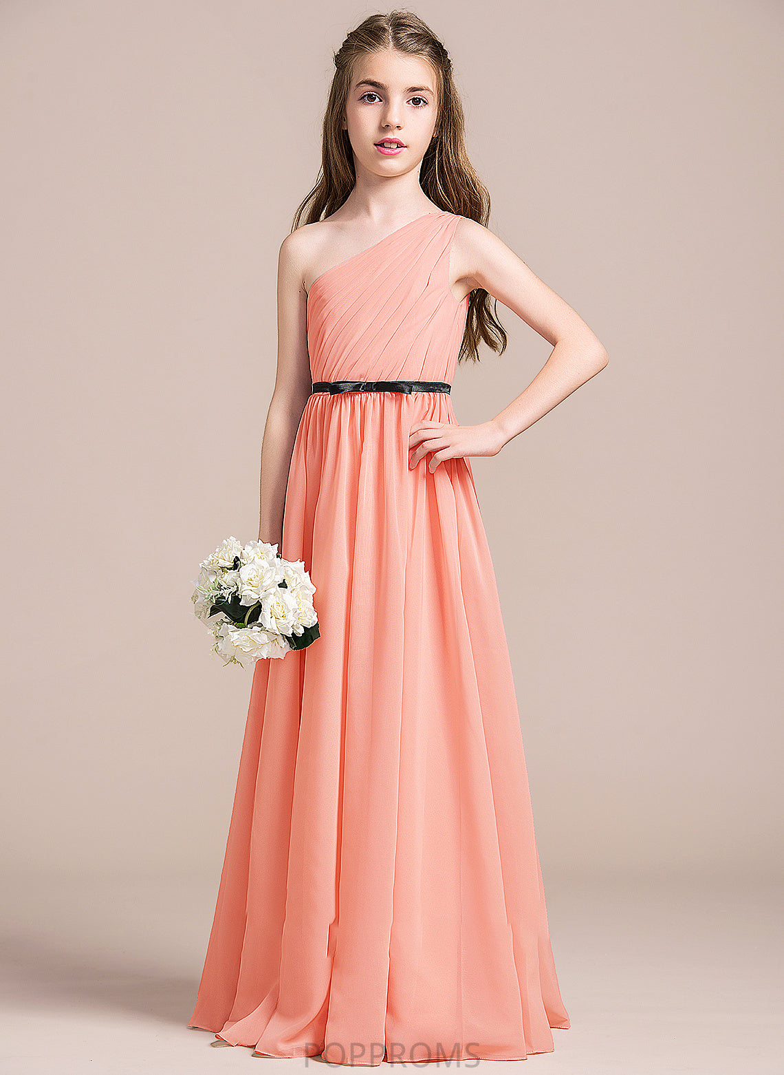 With A-Line Jo One-Shoulder Floor-Length Bow(s) Chiffon Ruffle Junior Bridesmaid Dresses