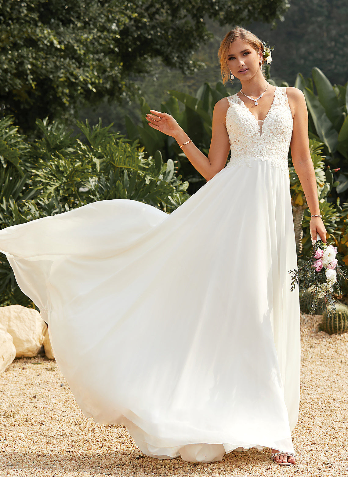 Wedding Dresses V-neck With A-Line Chiffon Wedding Daphne Train Lace Sweep Lace Dress