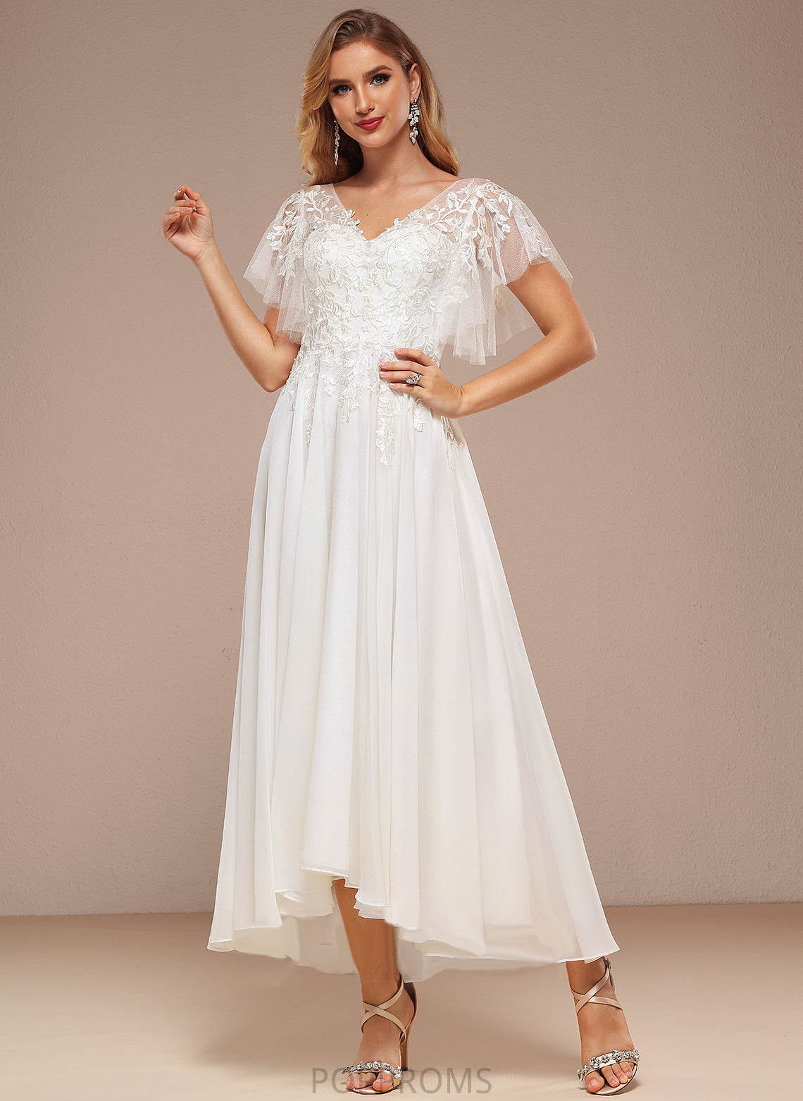 Ruffle Dress V-neck Wedding Asymmetrical With Elva Tulle Lace A-Line Wedding Dresses