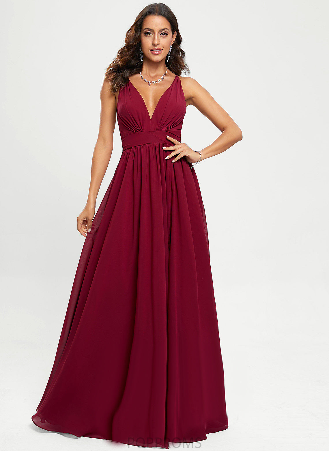 V-neck Floor-Length Pru Chiffon Prom Dresses A-Line