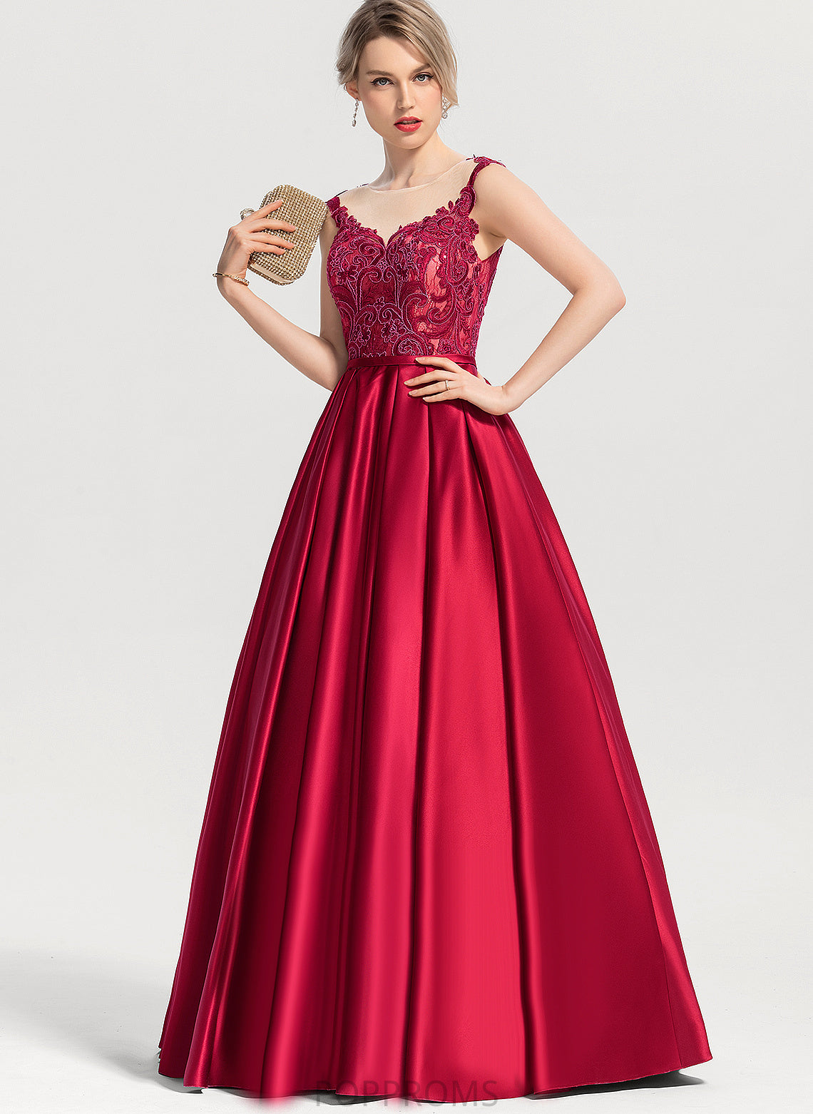 With Scoop LuLu Floor-Length Sequins Satin Lace Prom Dresses Ball-Gown/Princess