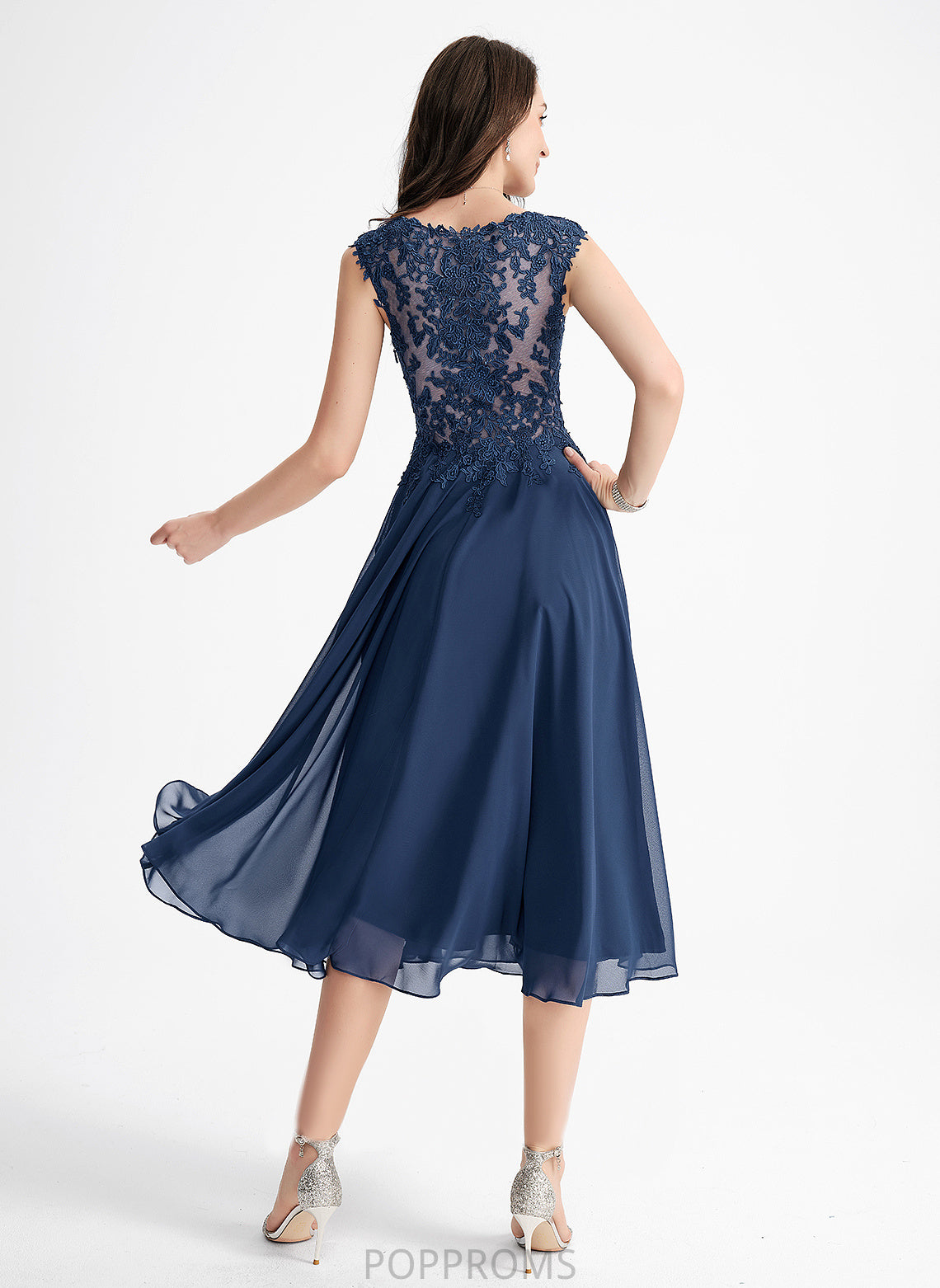 Alissa A-Line Cocktail Dresses Tea-Length Lace Cocktail Chiffon Dress V-neck