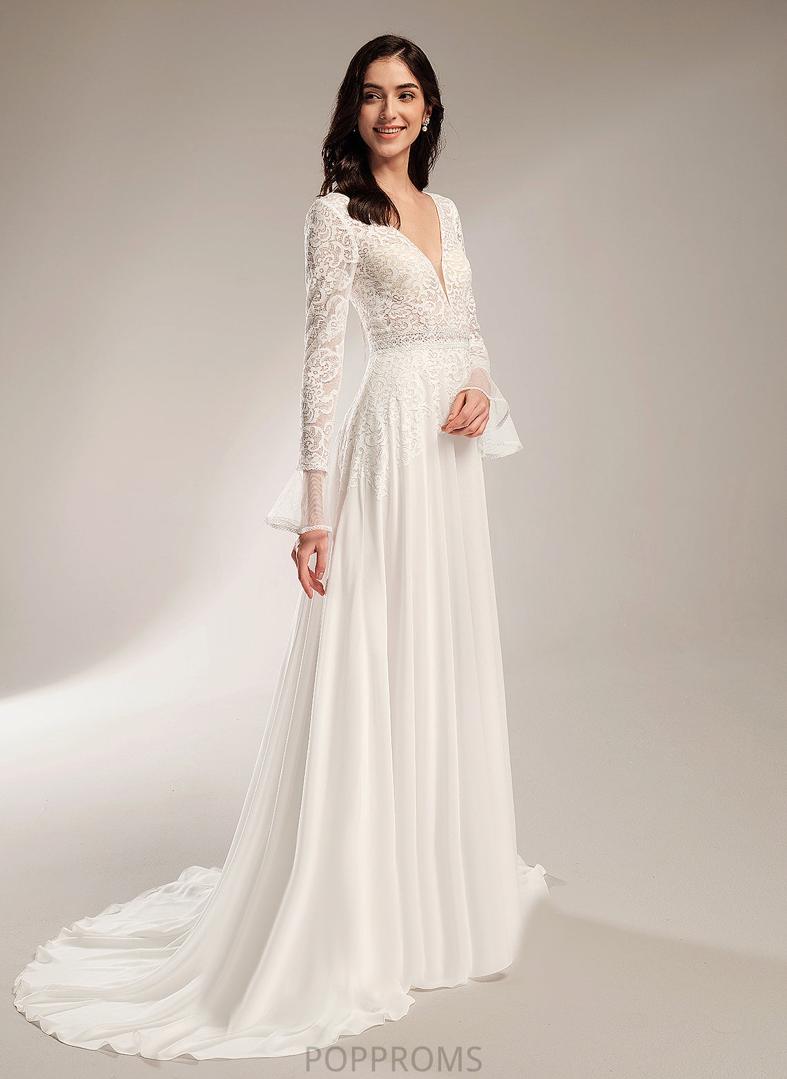 V-neck With Chiffon A-Line Lace Ruffle Wedding Train Dress Court Wedding Dresses Anabel