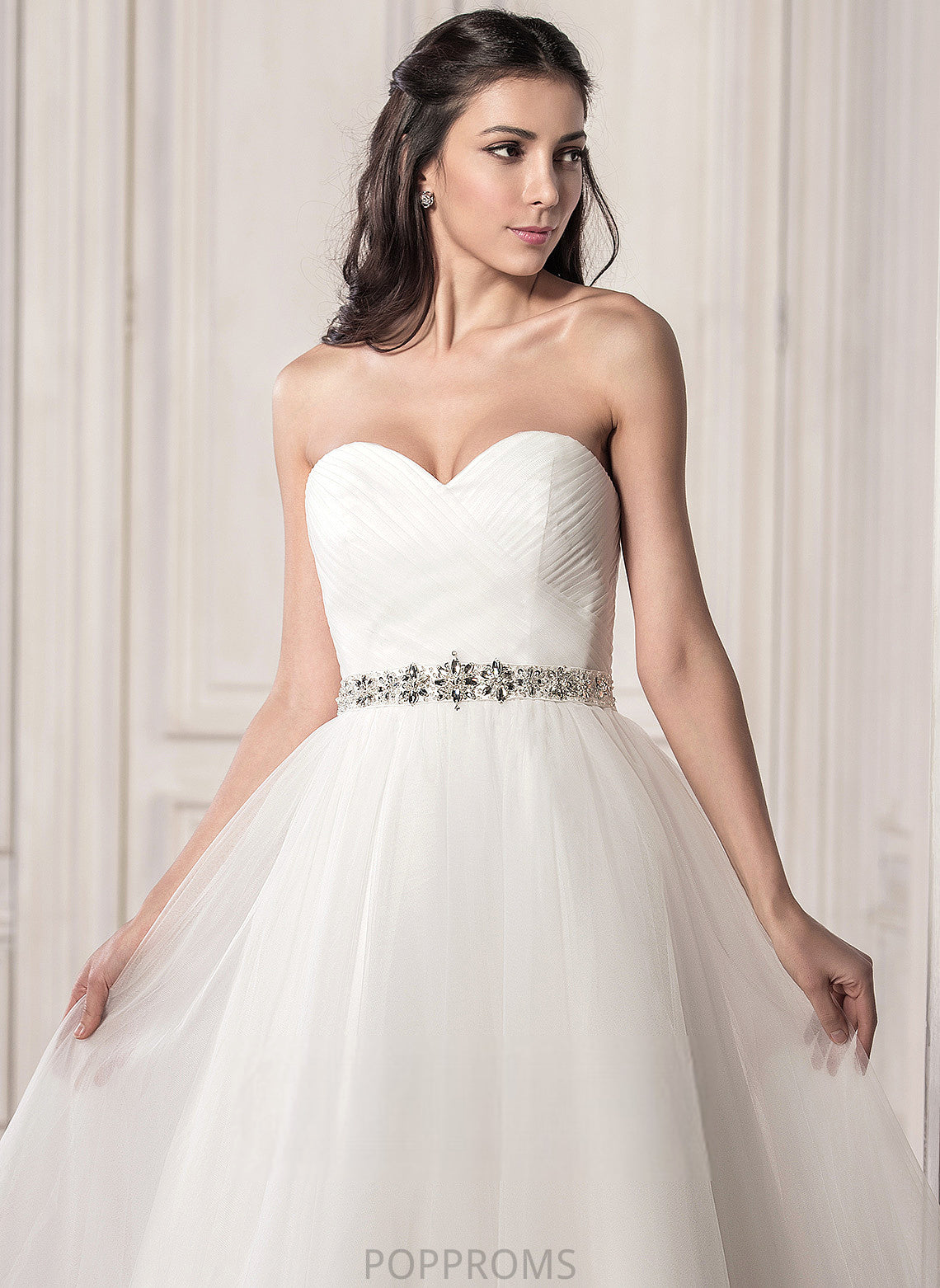 With Sequins Tulle Wedding Wedding Dresses Sweetheart Ruffle Tea-Length Dress Satin A-Line Abbigail Beading