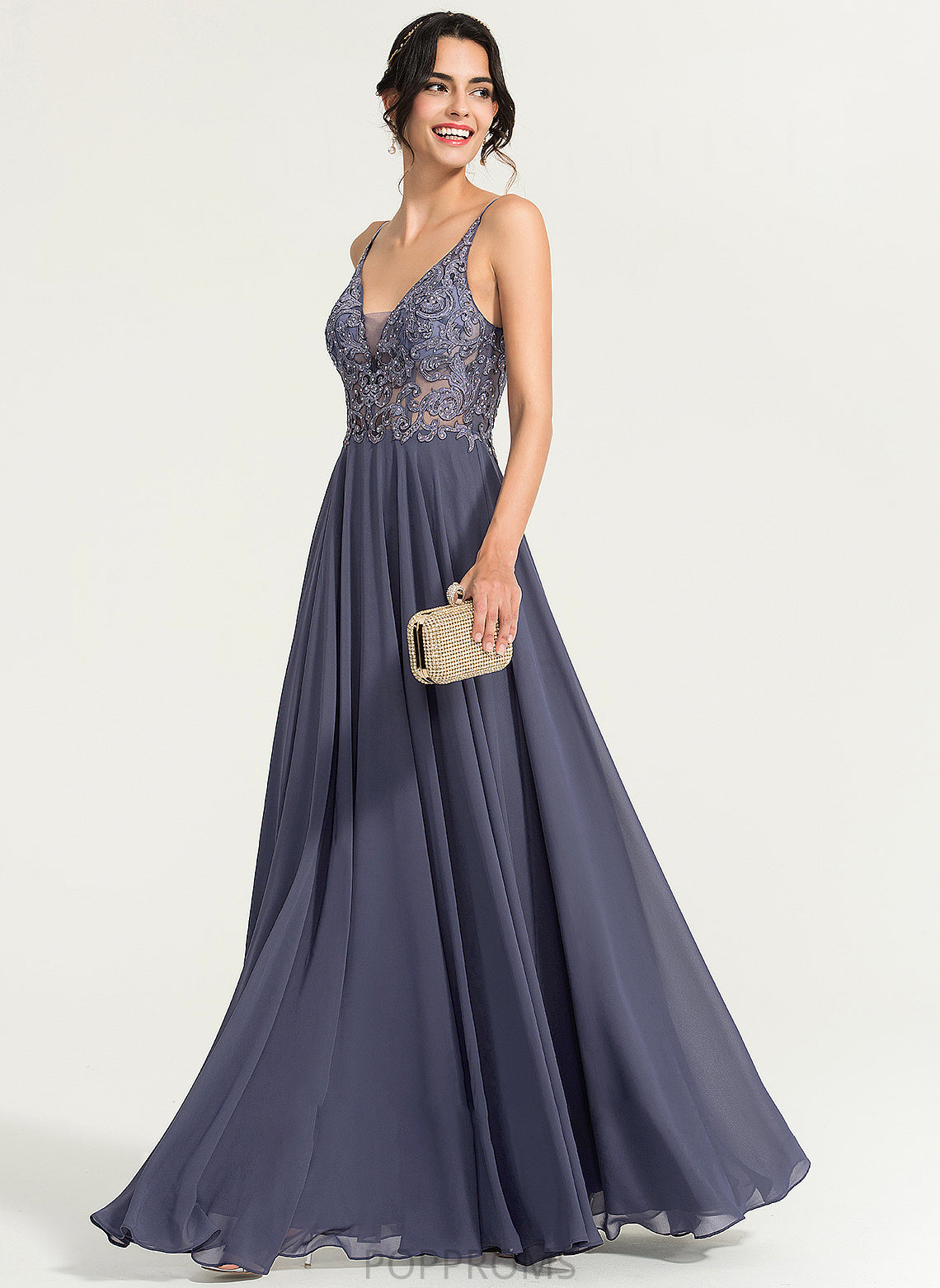 Chiffon With Prom Dresses A-Line V-neck Beading Sequins Floor-Length Athena