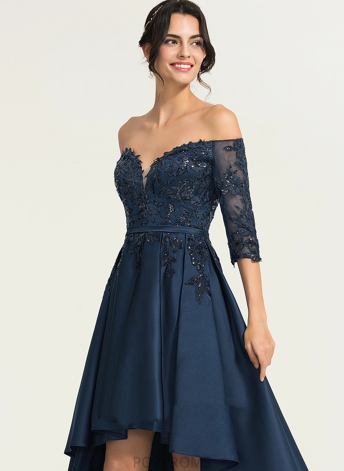 With Dress Bria Satin A-Line Off-the-Shoulder Homecoming Lace Asymmetrical Homecoming Dresses