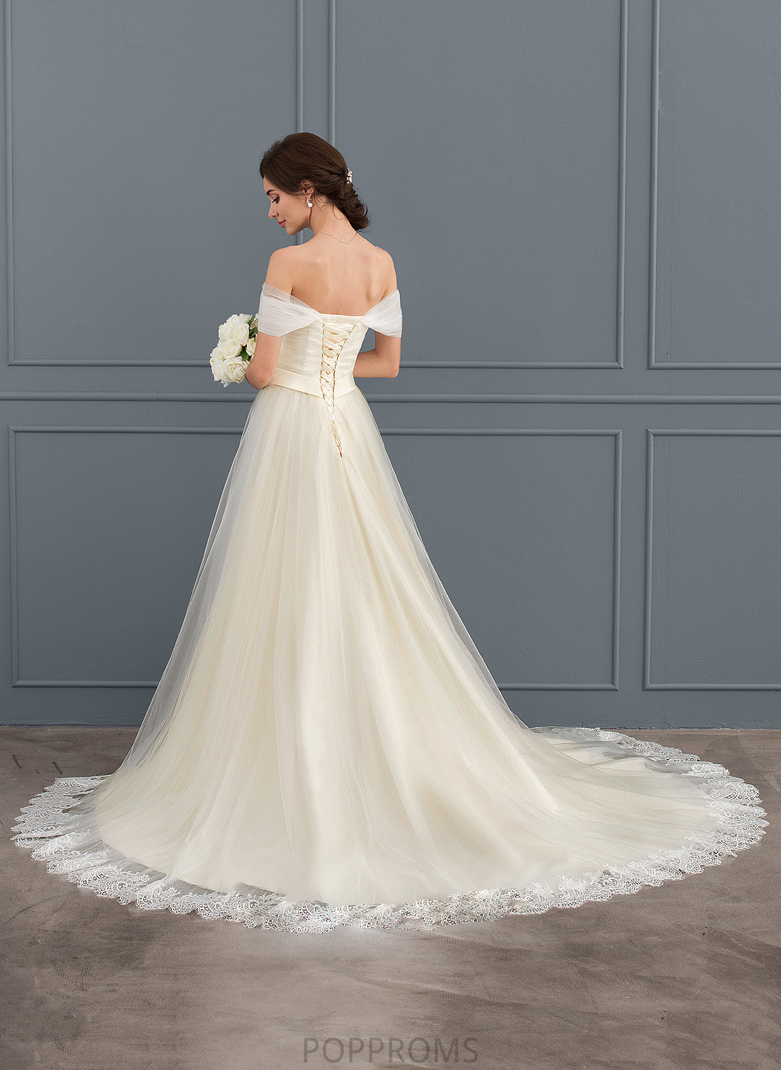 With Wedding Dresses Josephine Ball-Gown/Princess Dress Court Off-the-Shoulder Wedding Lace Tulle Train Ruffle