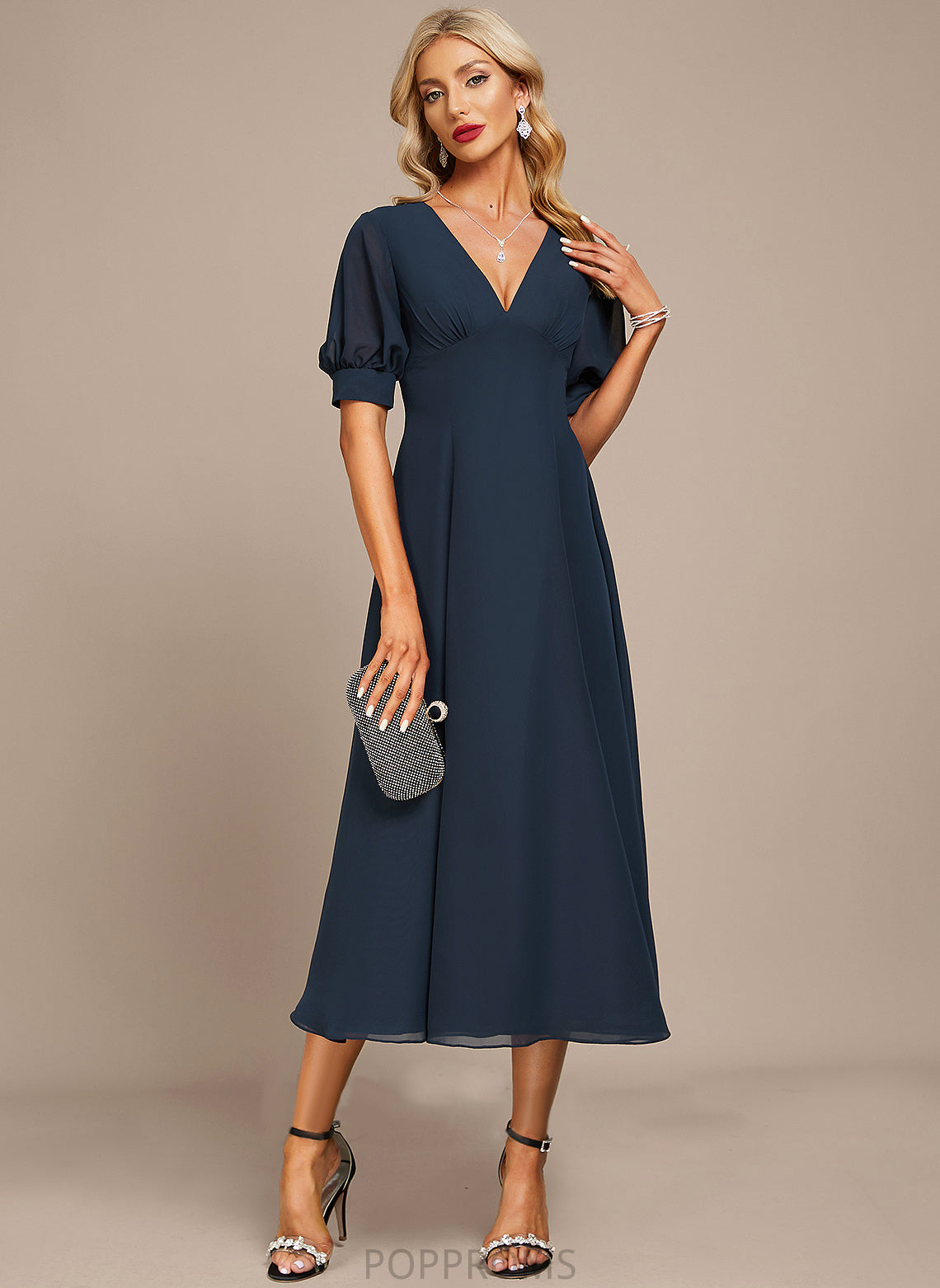 With A-Line Cocktail Cocktail Dresses V-neck Saige Chiffon Tea-Length Dress Ruffle