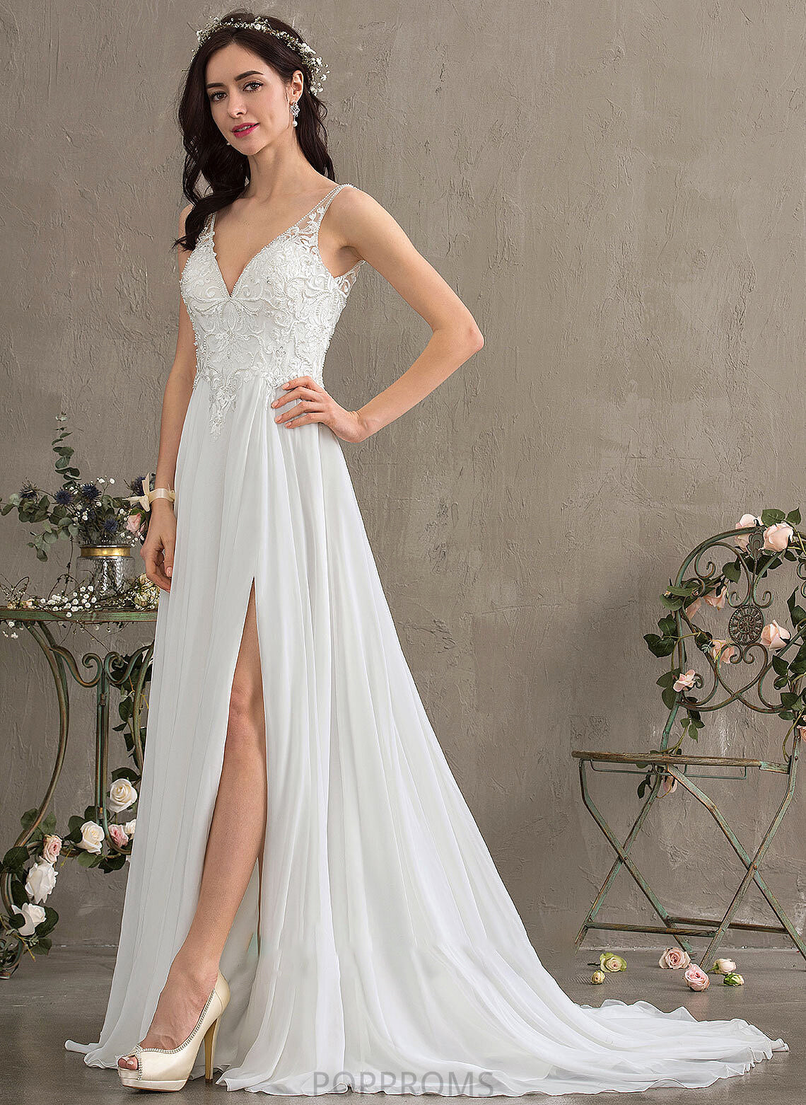 Wedding Sequins Front With V-neck Train A-Line Split Willa Dress Sweep Wedding Dresses Beading Chiffon