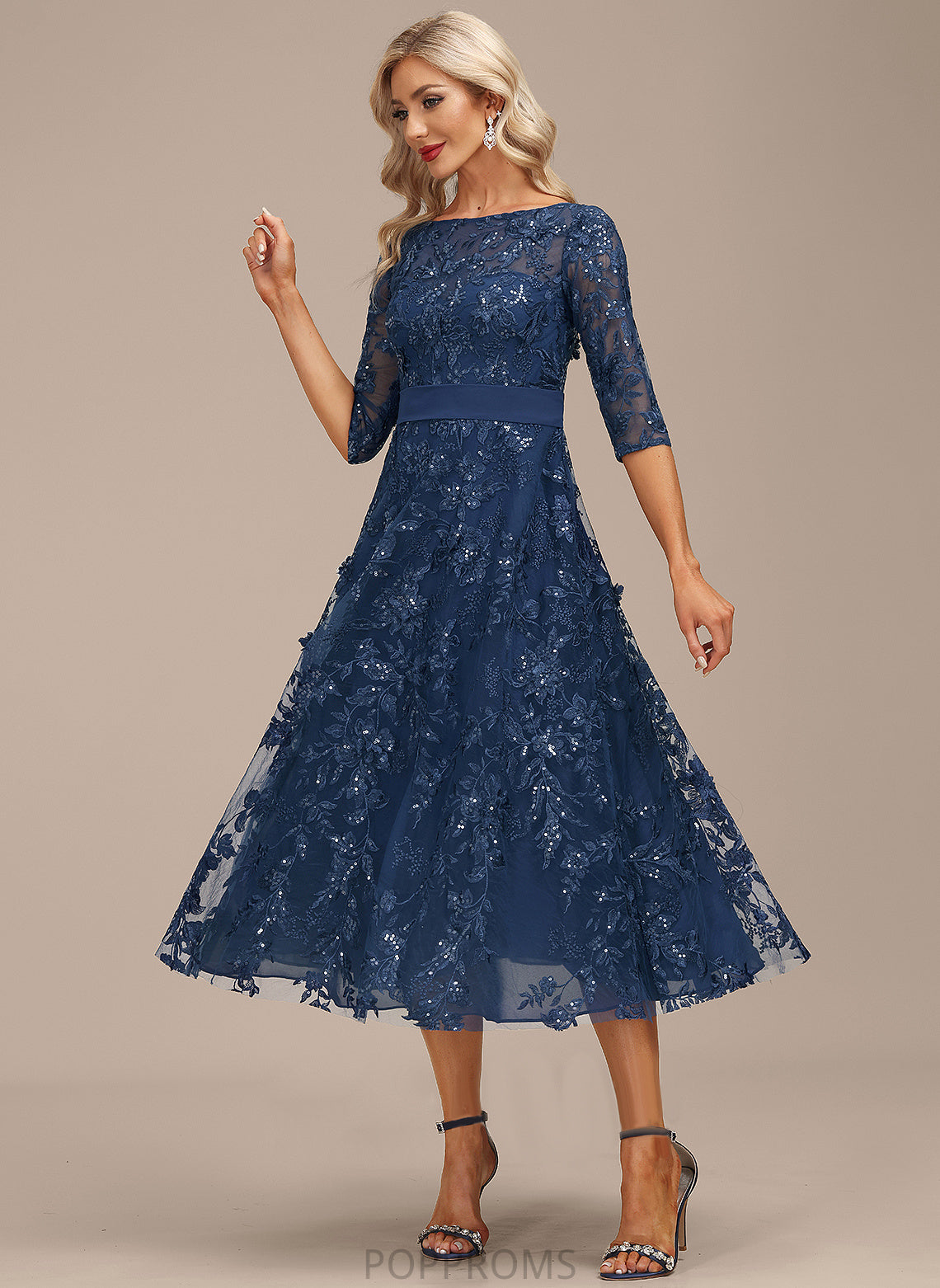 Tea-Length Cocktail Dresses Dress Lace Chiffon With Neck A-Line Cocktail Scoop Germaine Sequins