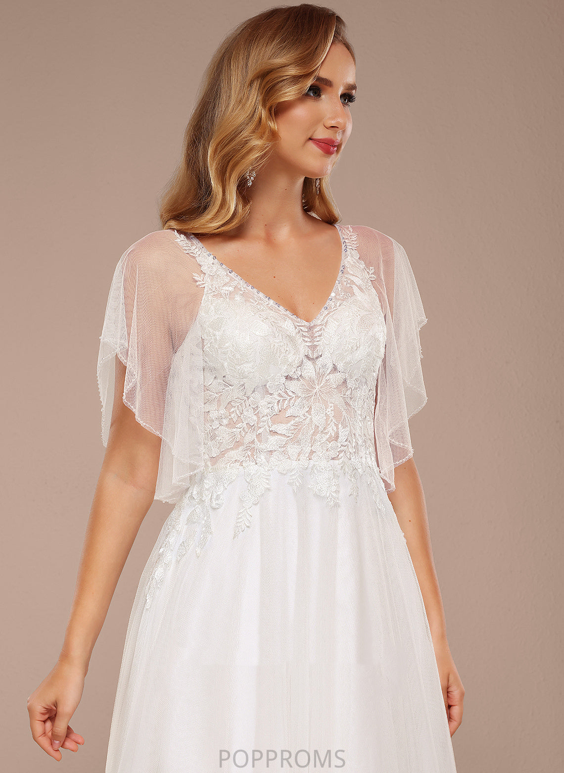 With V-neck Floor-Length Lace Tulle Alannah Ruffle A-Line Wedding Sequins Dress Wedding Dresses