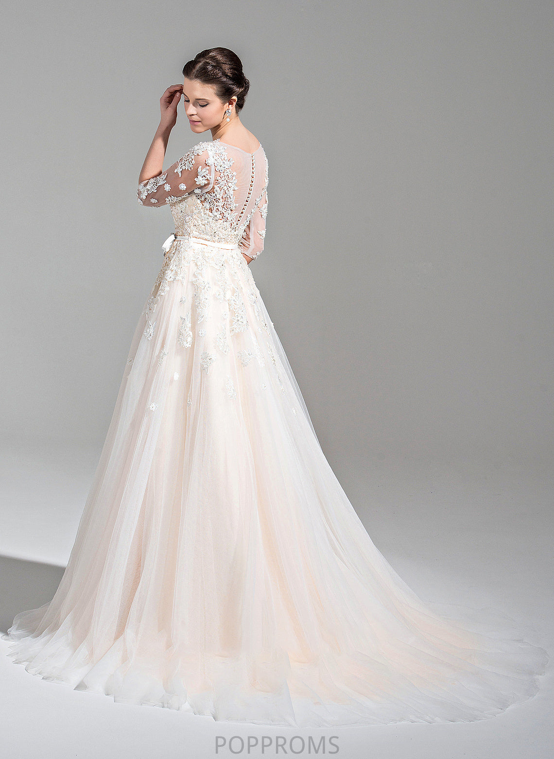 Dress Wedding Dresses V-neck Wedding Sequins Tulle Lace Beading Appliques Court Ball-Gown/Princess With Bow(s) Dania Train