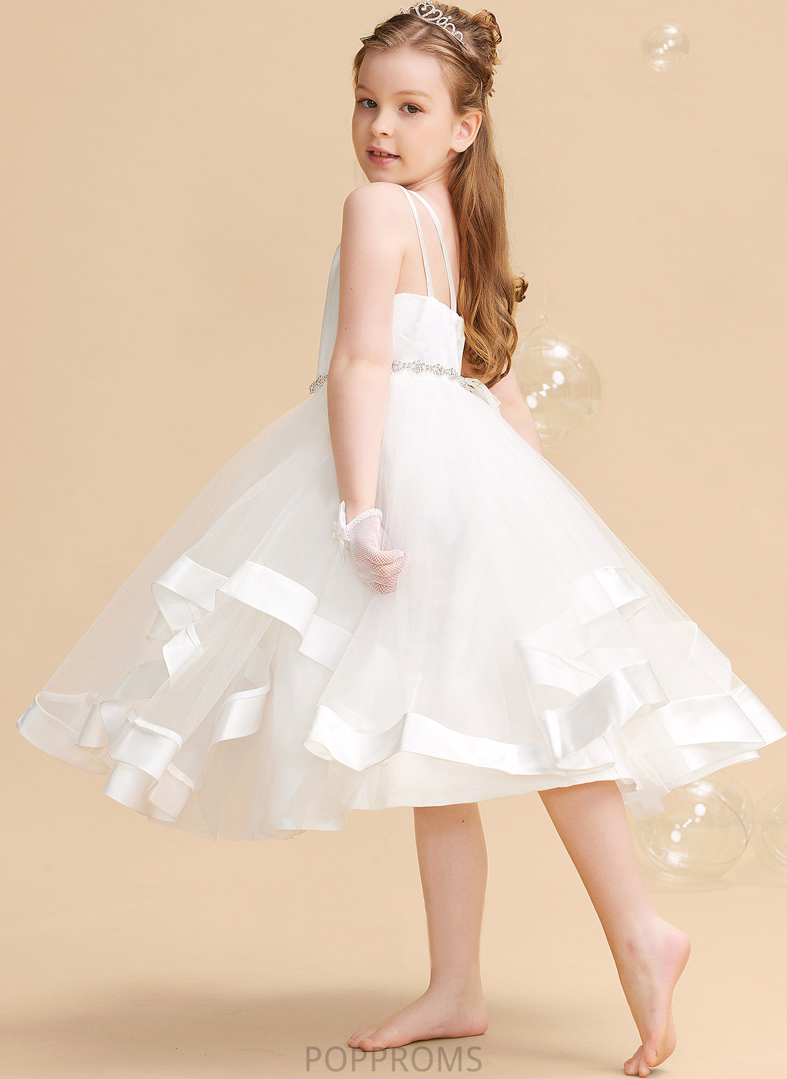 Flower Girl Straps Dress Flower Girl Dresses Satin/Tulle Roberta With Tea-length A-Line Beading Sleeveless -