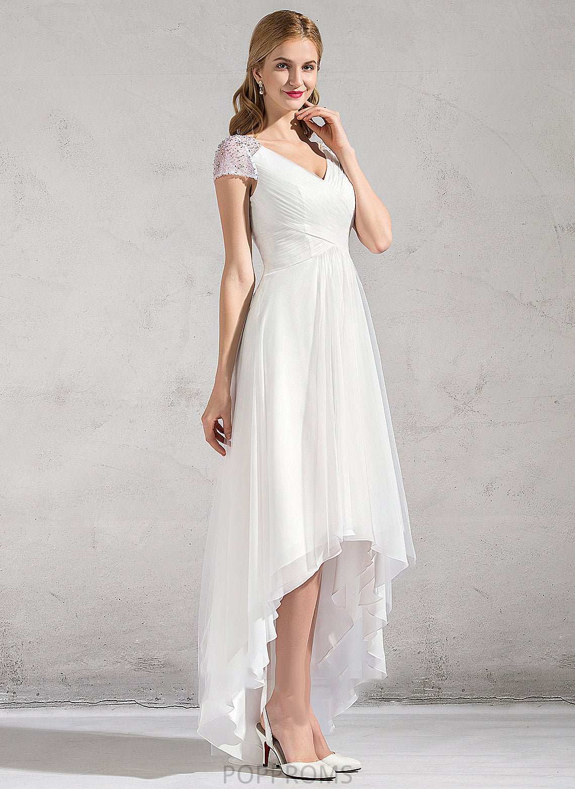 With Beading Sequins Wedding Dresses Dress A-Line Ruffle Wedding V-neck Asymmetrical Tulle Anastasia