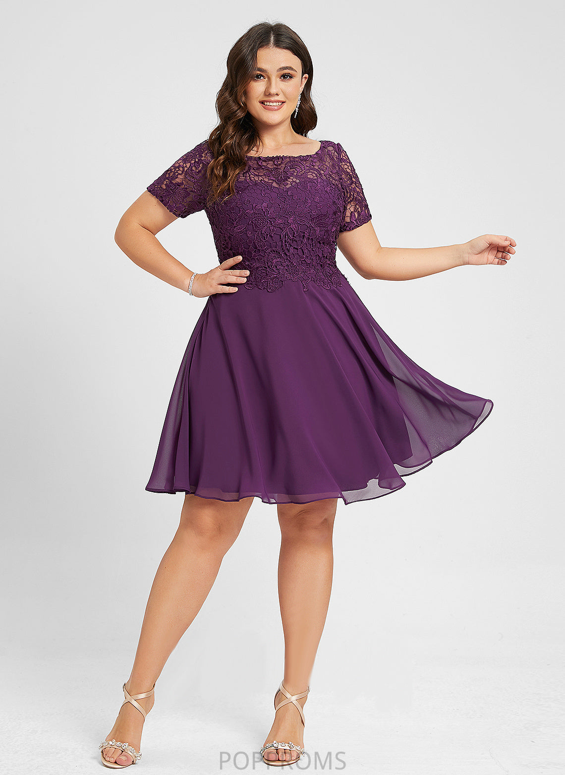 Cocktail Dulce Lace Scoop Neck Knee-Length Cocktail Dresses A-Line Chiffon Dress