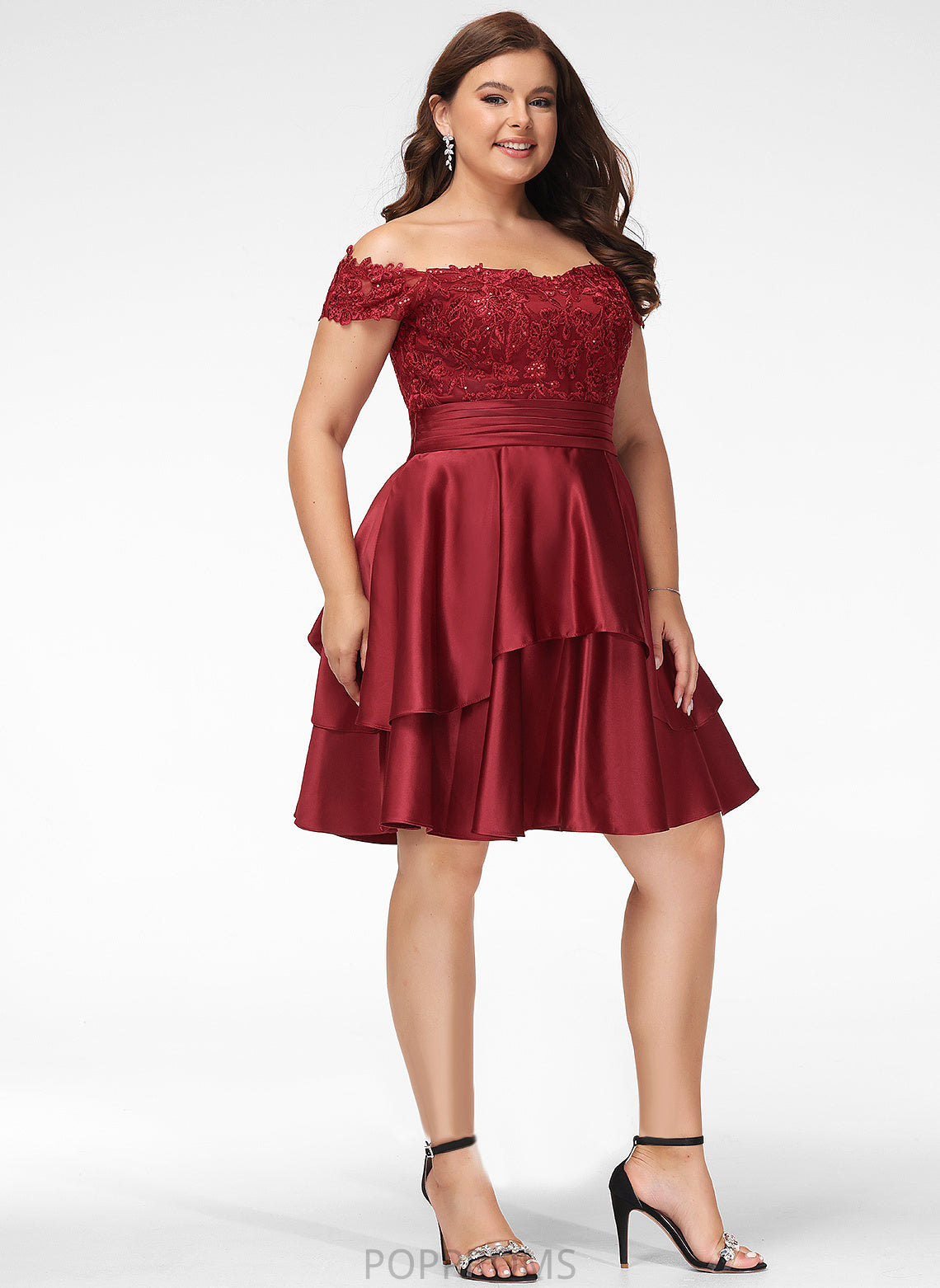 Cocktail Dresses Lace A-Line Off-the-Shoulder Camille Sequins Knee-Length Satin With Dress Cocktail