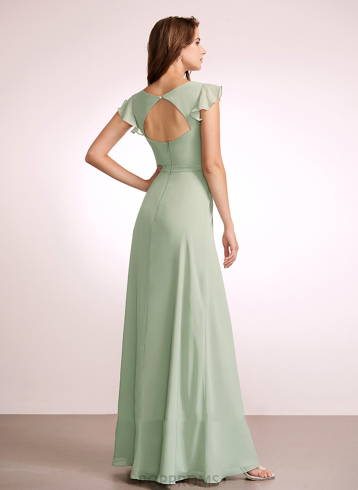 Neckline Embellishment Floor-Length Fabric Silhouette V-neck SplitFront A-Line Length Abagail Sleeveless A-Line/Princess Bridesmaid Dresses