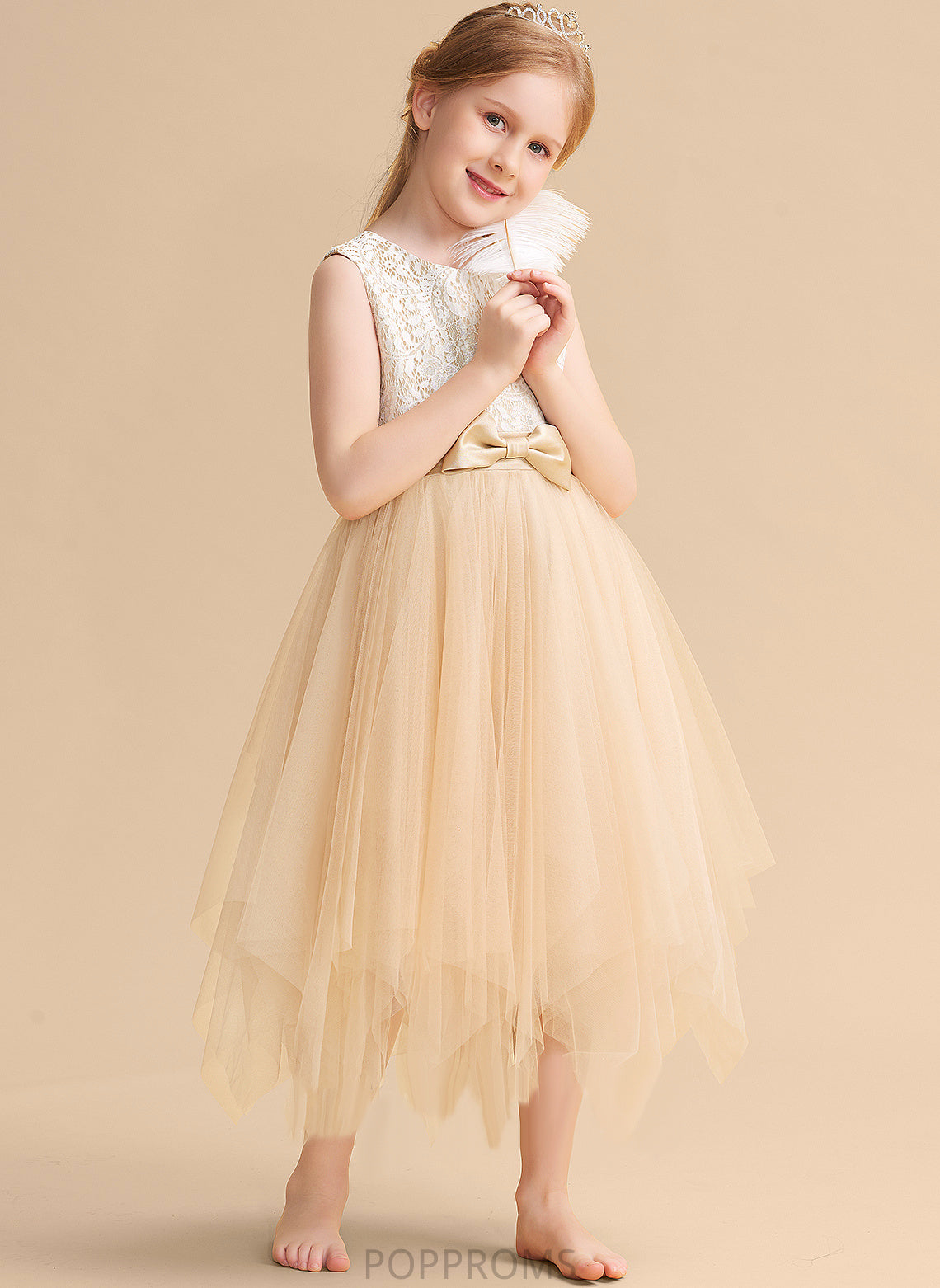 Sleeveless Scalloped Neck Flower Flower Girl Dresses Ciara With - Tulle Lace/Bow(s) A-Line Dress Tea-length Girl