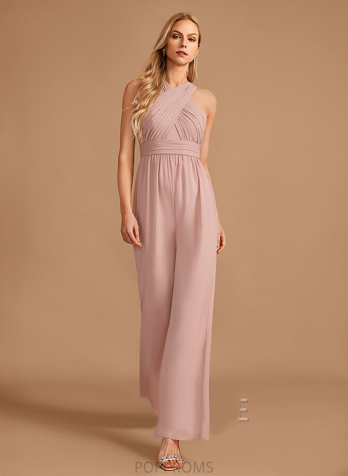 Floor-Length Embellishment Length Fabric Pleated HighNeck Straps Neckline Kelly Sleeveless V-Neck Natural Waist Bridesmaid Dresses