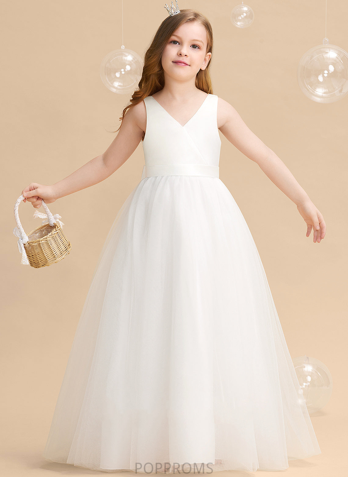 Girl Flower Girl Dresses V-neck Ball-Gown/Princess Myla Floor-length With Back Tulle Sleeveless Flower Bow(s)/V Dress -