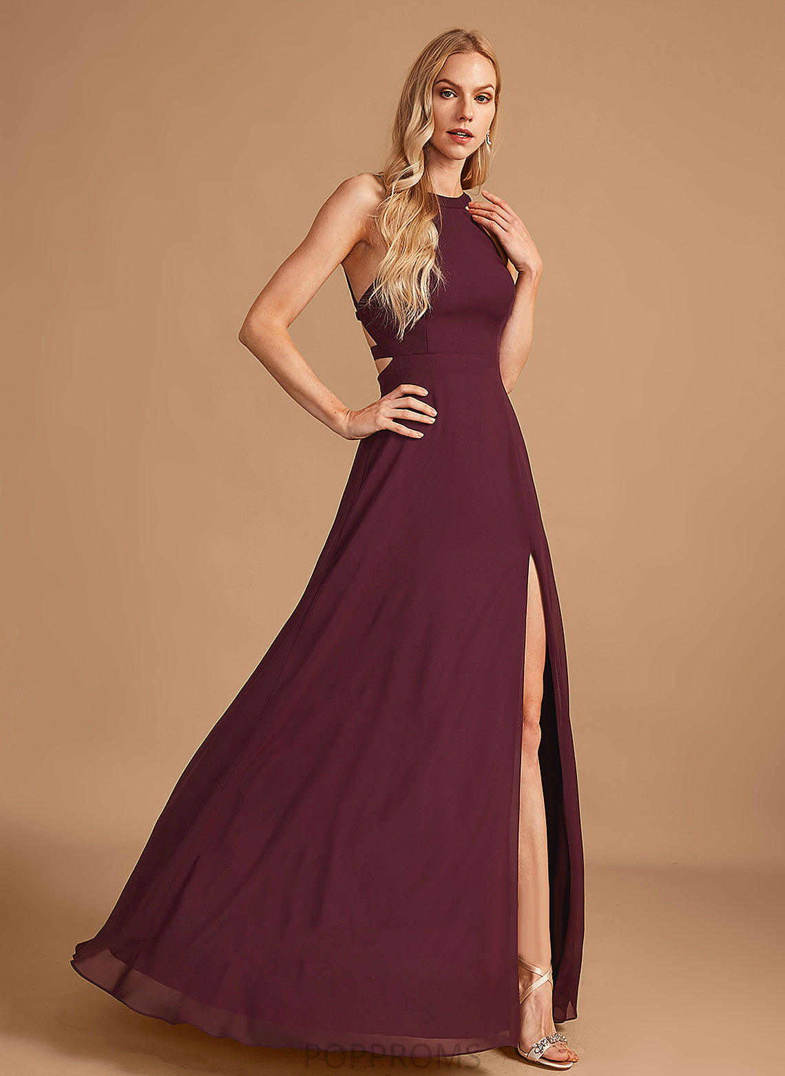 Embellishment Length A-Line HighNeck Floor-Length SplitFront Silhouette Fabric Neckline Renee Spaghetti Staps Natural Waist Bridesmaid Dresses